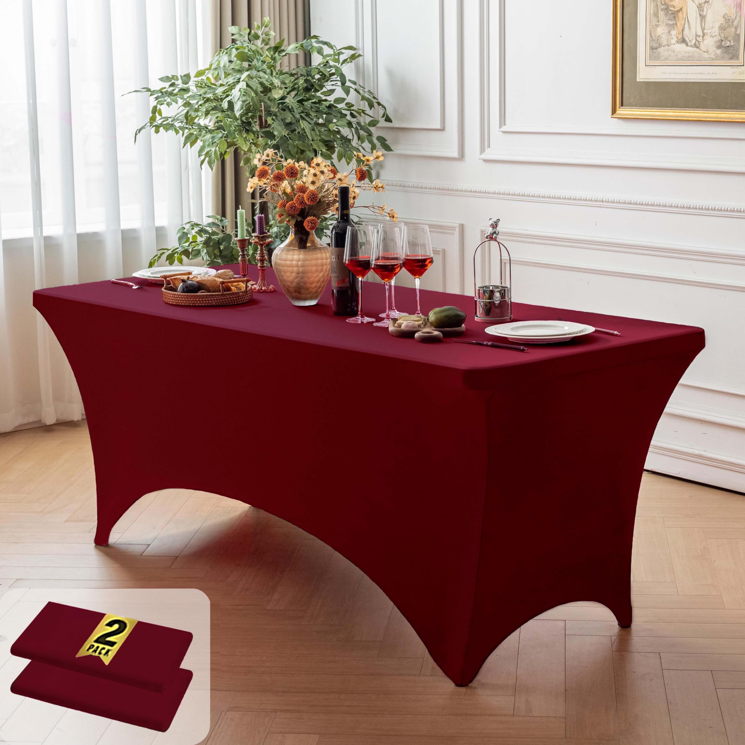 FOLINS&amp;HOME 2 Pack Burgundy 4ft Fitted Spandex Water Resistant Tablecloth