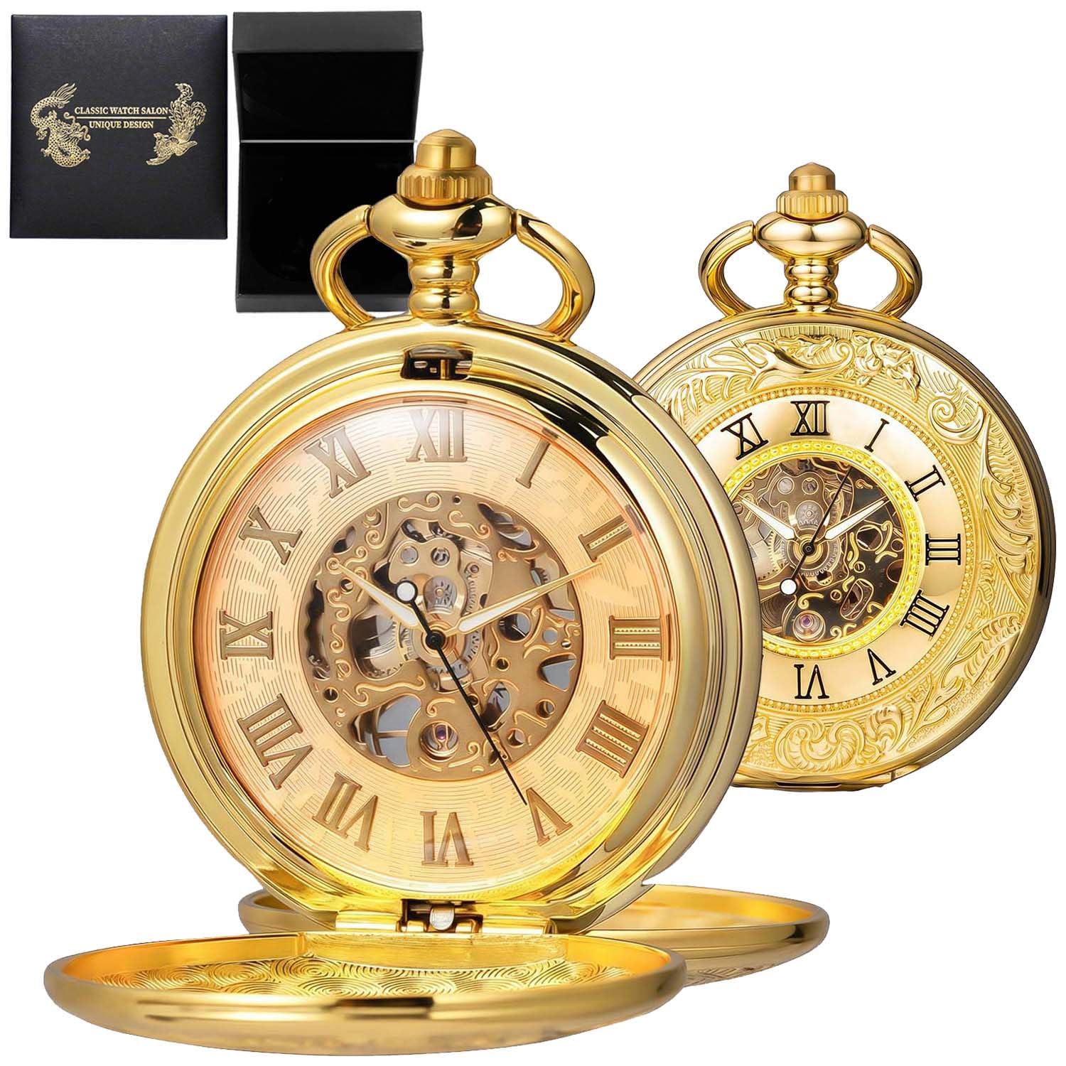 Mechanical Roman Numerals Dial Black Gold Skeleton Pocket Watches with Box and Chains for Mens Women-image-19