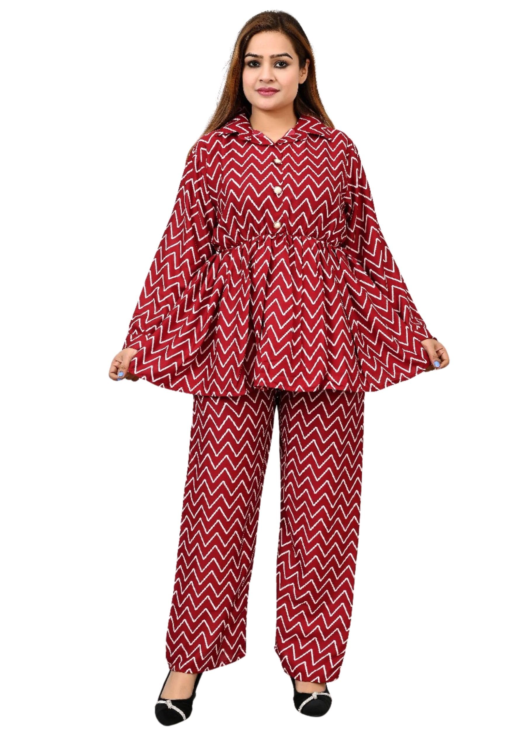 Women's Rayon Fabric Long Sleeve Collar Neck Zigzag Printed Top with Matching Pant Co Ord Sets for Wedding Party & Festive-image-4