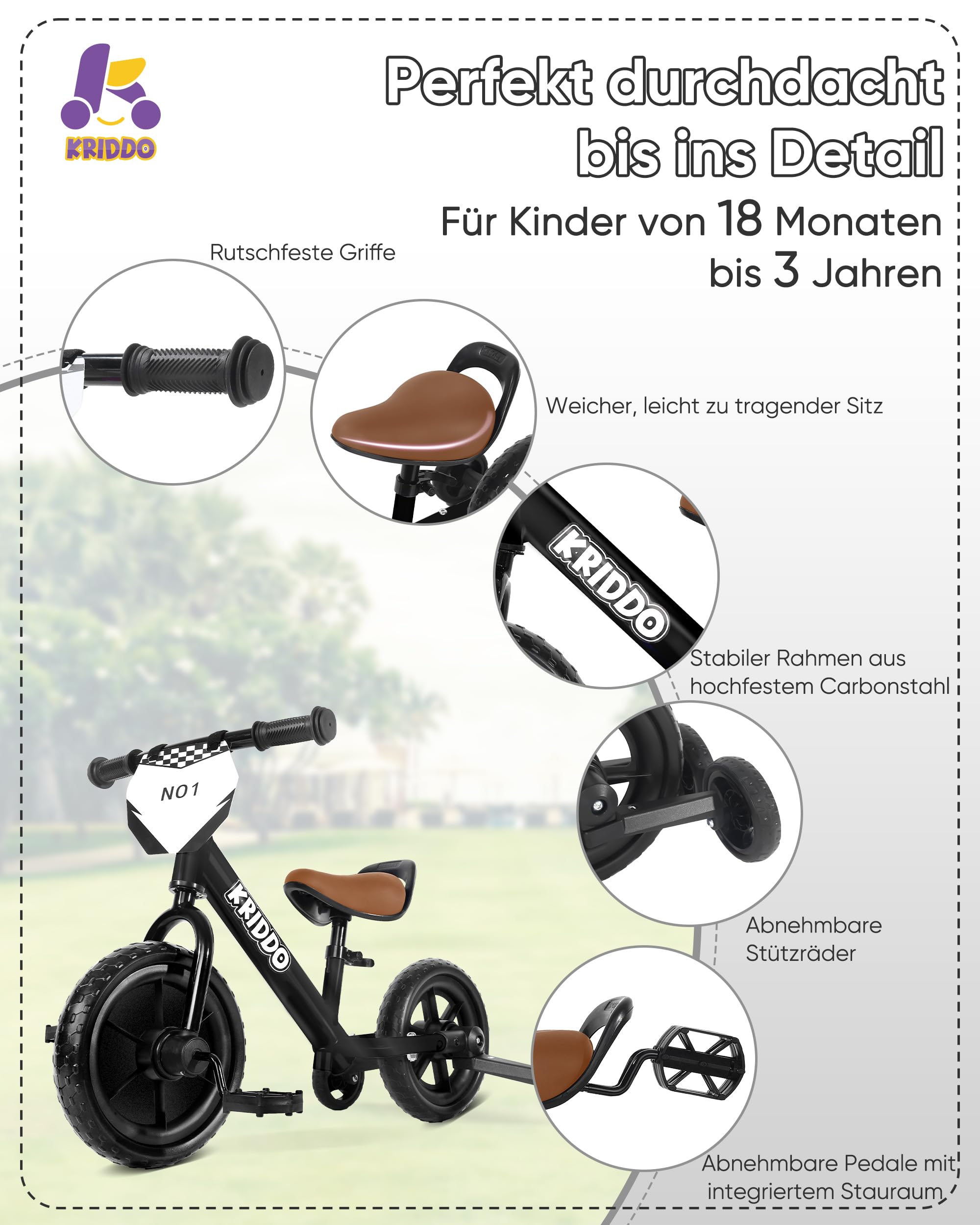 KRIDDO 2-in-1 Dreirad und Kinder Laufrad für Kleinkinder ab 2 Jahren, abnehmbare Pedale und klappbare Stützräder, DIY-Schild, Fahrspaß für Kinder von 18 Monaten bis 3 Jahren