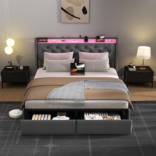 Miniatura 7 de SADENICEL Base de cama Queen con cabecera de almacenamiento y 2 cajones, plataforma de base de cama de metal tamaño Queen con luz LED, estación de