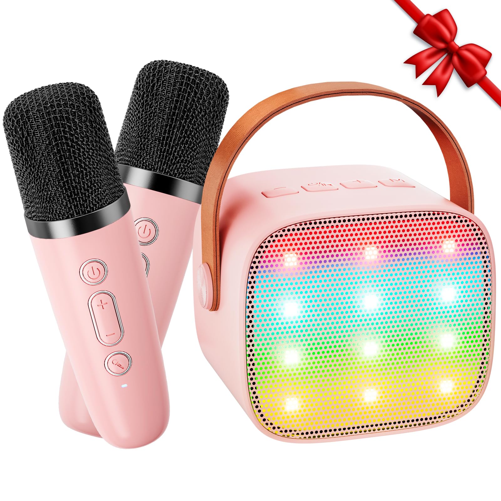 Ankuka Karaoke 2 Micrófonos Karaoke Infantil Bluetooth con Micrófono Inalámbrico Altavoz con Luces LED Regalo Niña Juguete Que Cambia de Voz Rosa