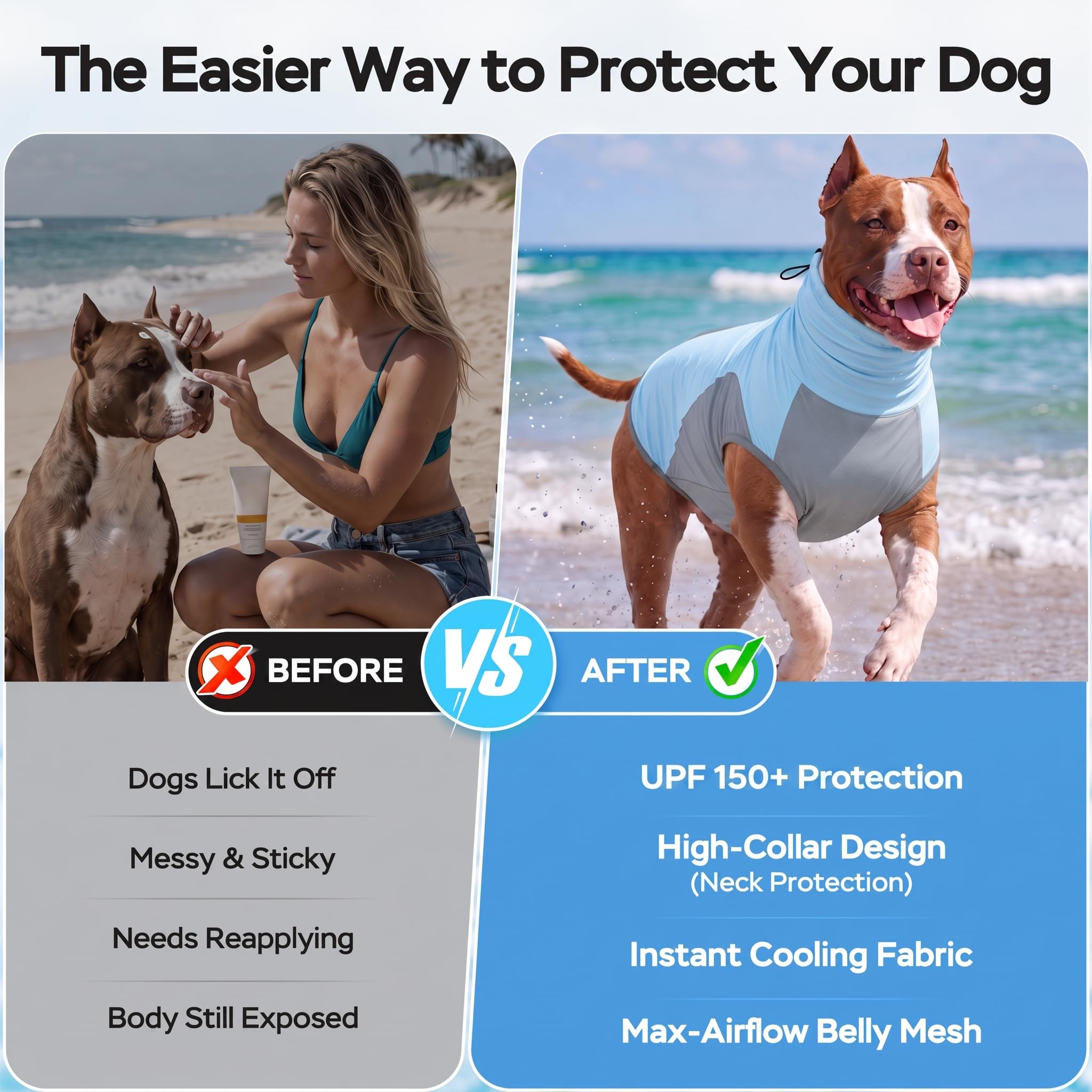 LovinPet Chemise solaire UPF 150+ pour chien, sans manches, col haut, protection UV, vêtements pour grandes races, gilet d'extérieur léger à séchage rapide avec panneau ventral respirant, bleu clair