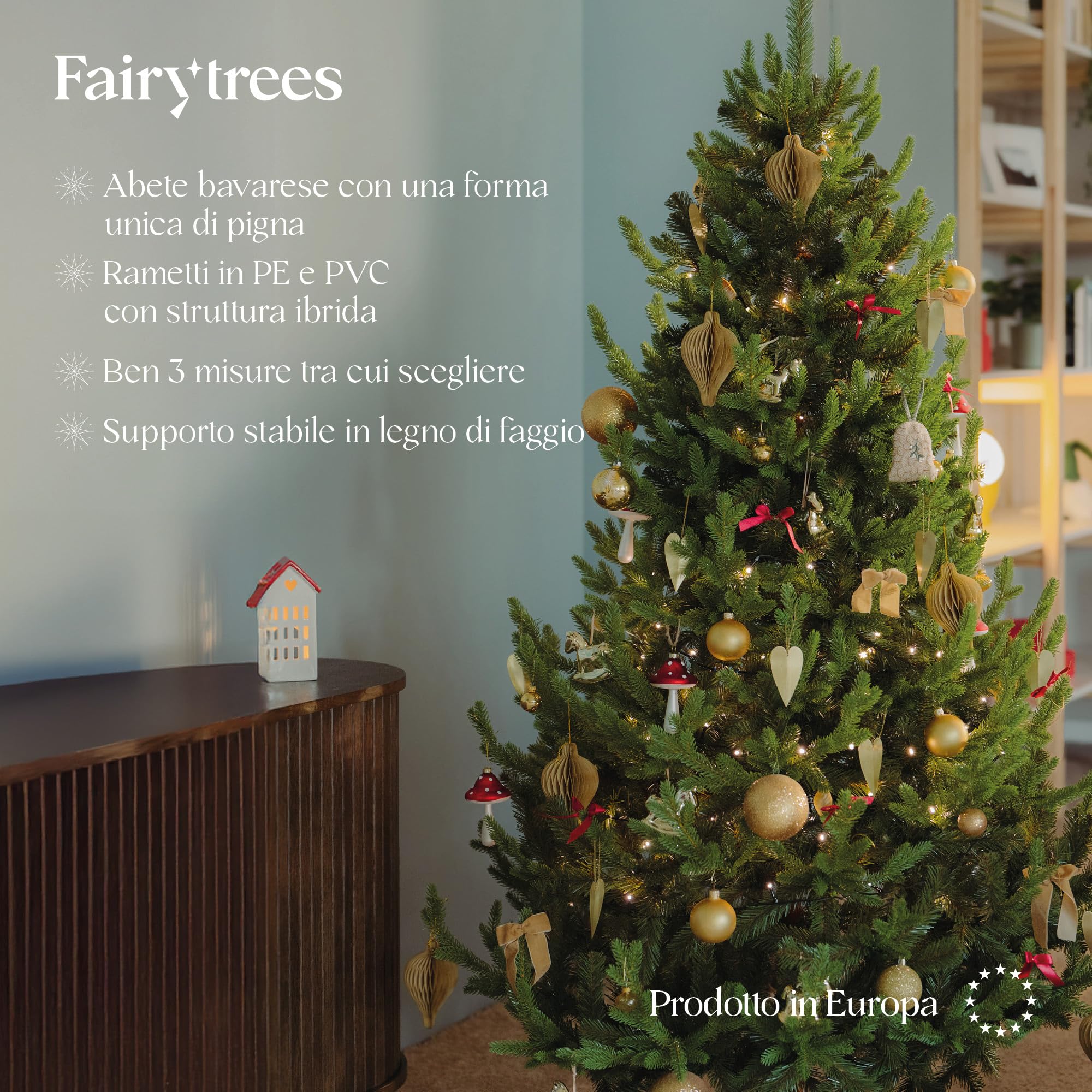 FAIRYTREES Albero di Natale artificiale 220cm Abete Bavarese Premium con supporto in legno | Prodotto in EU | Facile da Montare