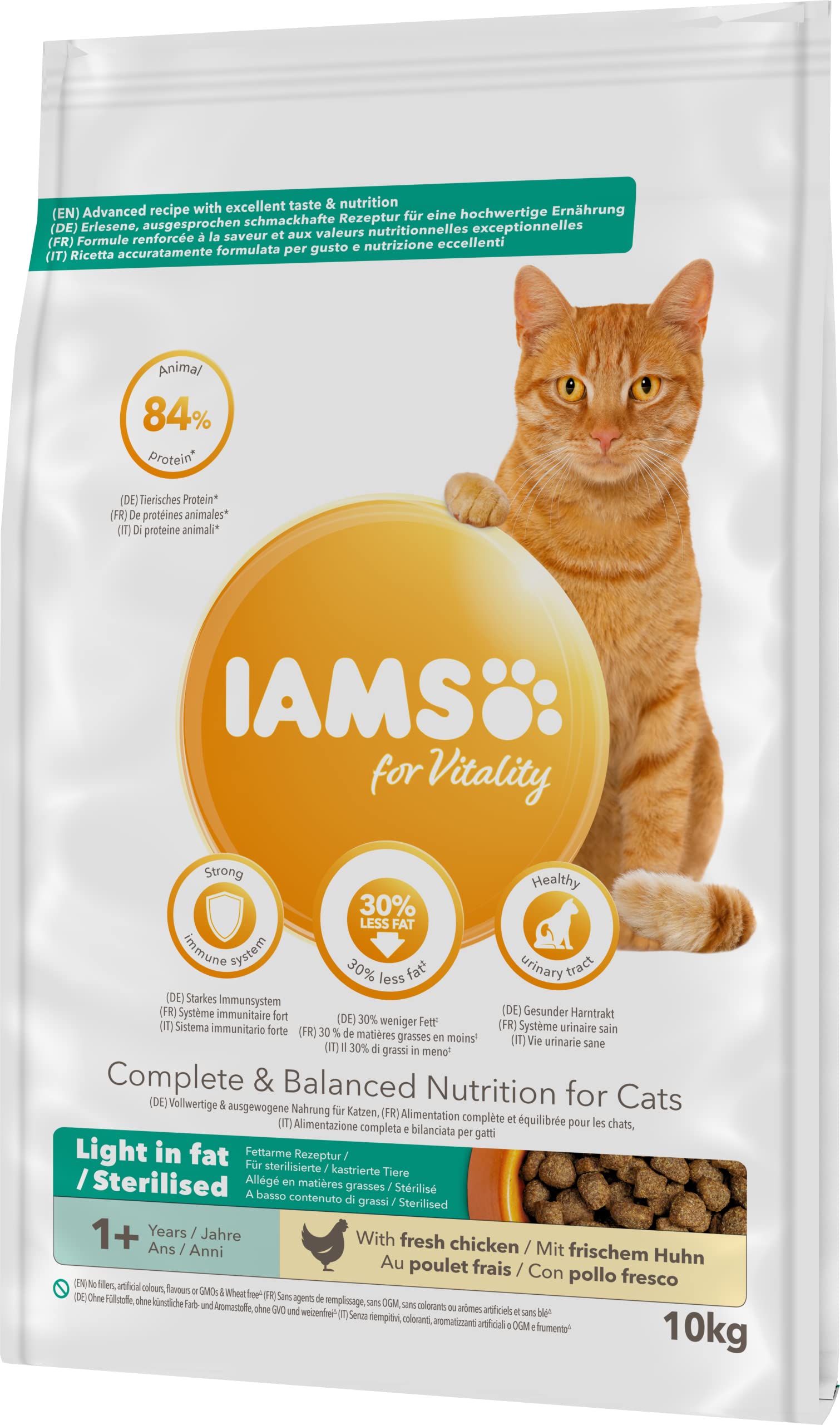 IAMS for Vitality Bajo en Grasa - Alimento seco para Gatos Adultos y de Edad Avanzada (más de 1 año) con Pollo Fresco, 10 kg