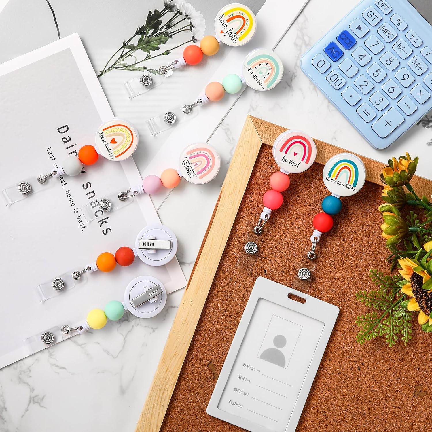 PerKoop 9 Pcs Be Kind Badge Reels Retractable with Silicone Beaded Beads, 360 Rotating Clip Cute Rainbow Badge Reels Holder ID Name Tags Keychain for Rn Nurses Student Teacher Office Gifts thumbnail