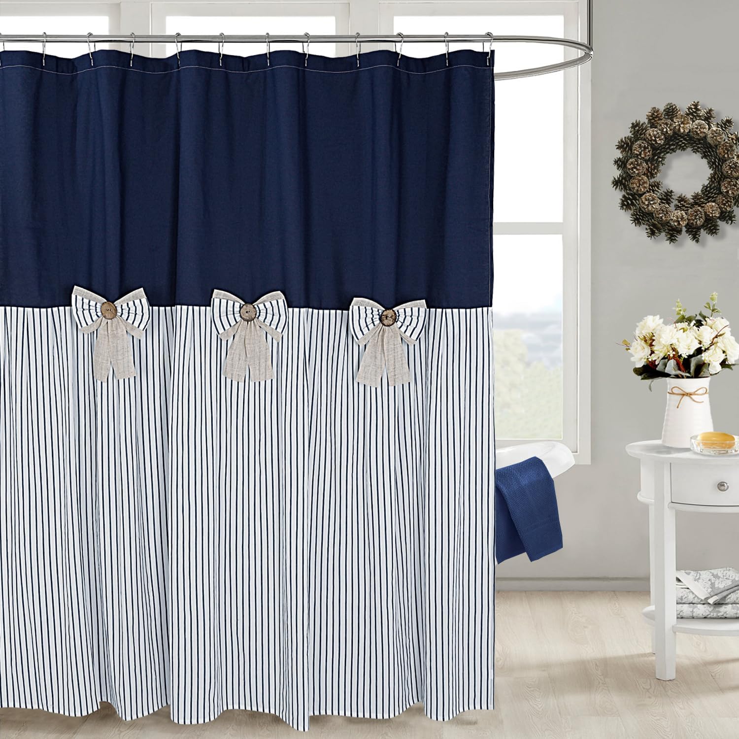 DOSLY Ides Linen Button Farmhouse Beige Shower Curtain, Bowknot, Linen and Cotton Woven Fabric, Pleated Brown Stripe, Country Style, 72x72 in