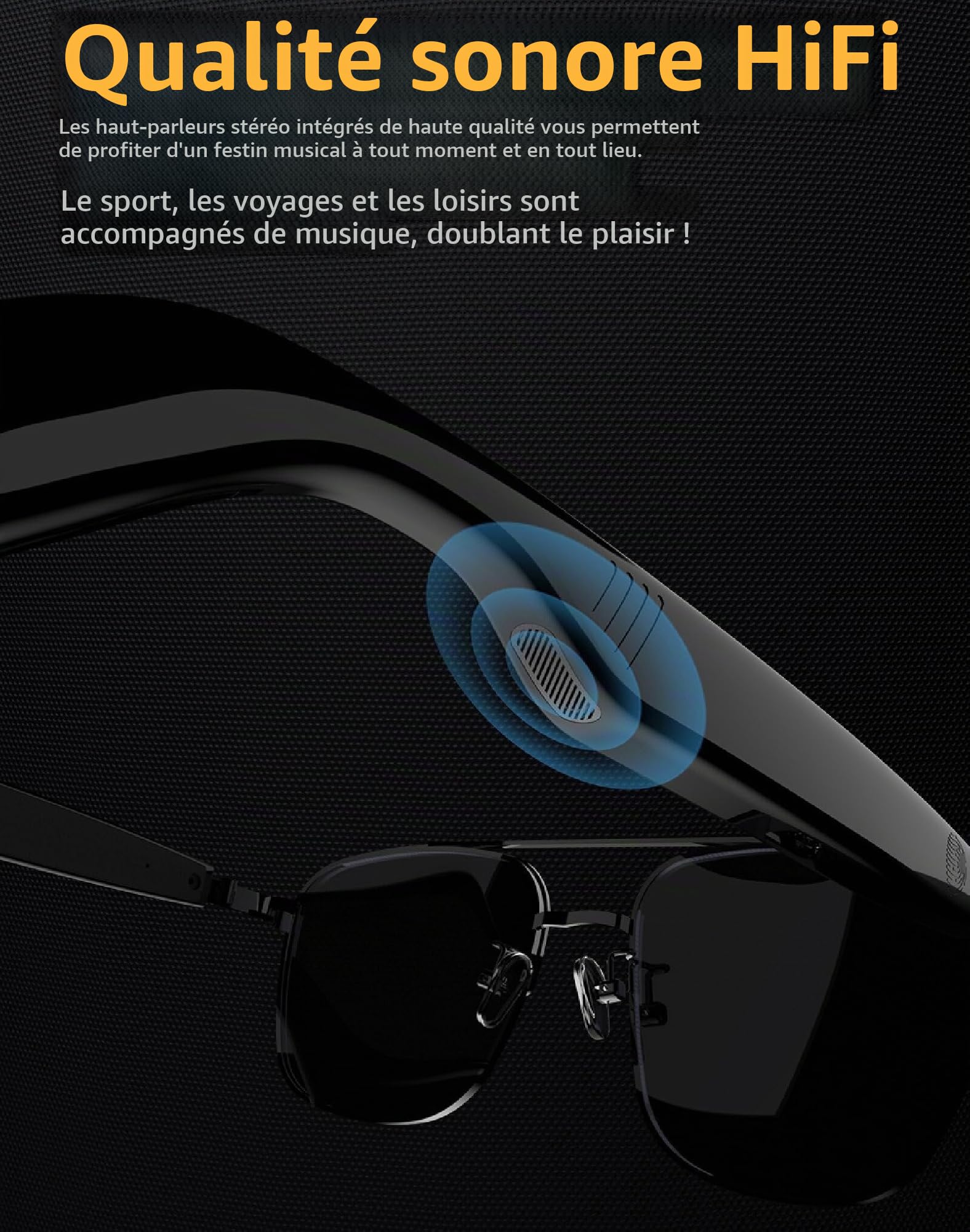 Lunettes de Soleil Audio sans Fil Intelligentes, 98% de Protection Contre Les UV et la Lumière Forte, IPX4 Waterproof, Haut-parleurs HD Stéréo pour la Musique/Les Appels/Les Jeux