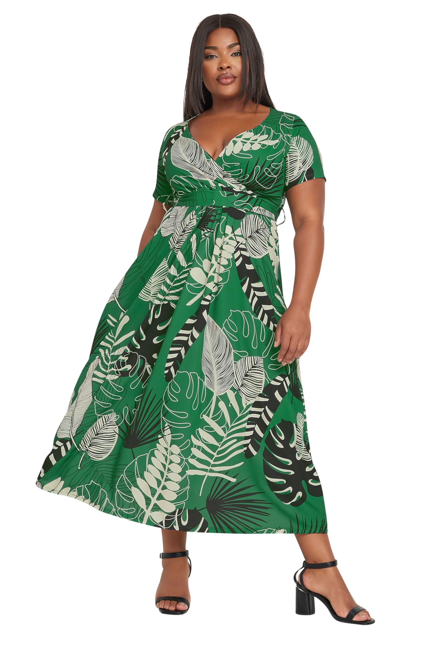 Yours Women's Green Curve Leaf Print Woven Wrap Maxi Dress - Plus Size Curve