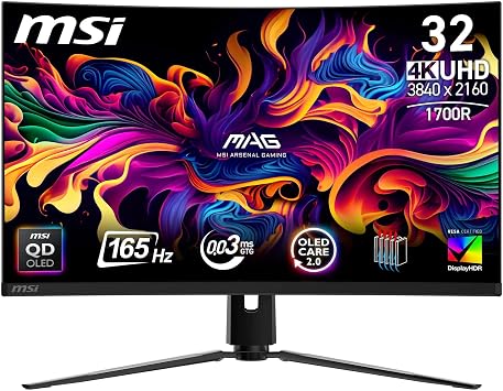 MSI MAG 321CUP QD-OLED 32 Inch UHD Curved Gaming Monitor - 1700R, 3840 x 2160 Panel, 165Hz / 0.03ms, 99% DCI-P3,  E 2, DisplayHDR True Black 400, DP 1.4a, HDMI 2.1, USB Type-C