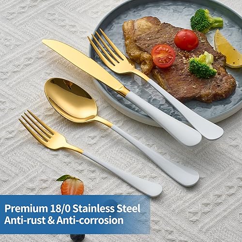 Miniatura 4 de Juego de cubiertos de 20 piezas, color blanco y dorado, juego de cubiertos de acero inoxidable 180 con mango colorido, servicio para 4, moderno