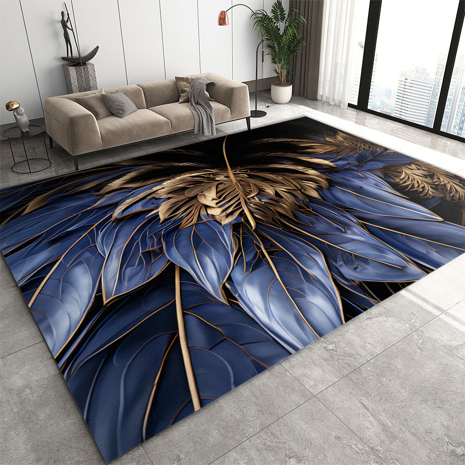 Blue Luxury Leaf Plant Area Rugs, Modern Indoor Outdoor Rug, Floor Carpet Easy Care Foldable for Bedroom Living Room Dining Room Under Kitchen Table Laundry Room Playroom Deck Patio-180 x 240 cm