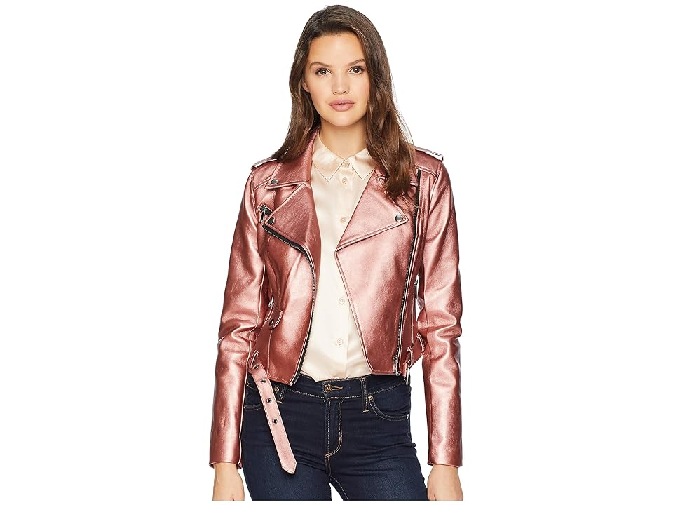 

ROMEO & JULIET COUTURE Shiny Faux Leather Biker Jacket (Rose Gold) Women's Coat