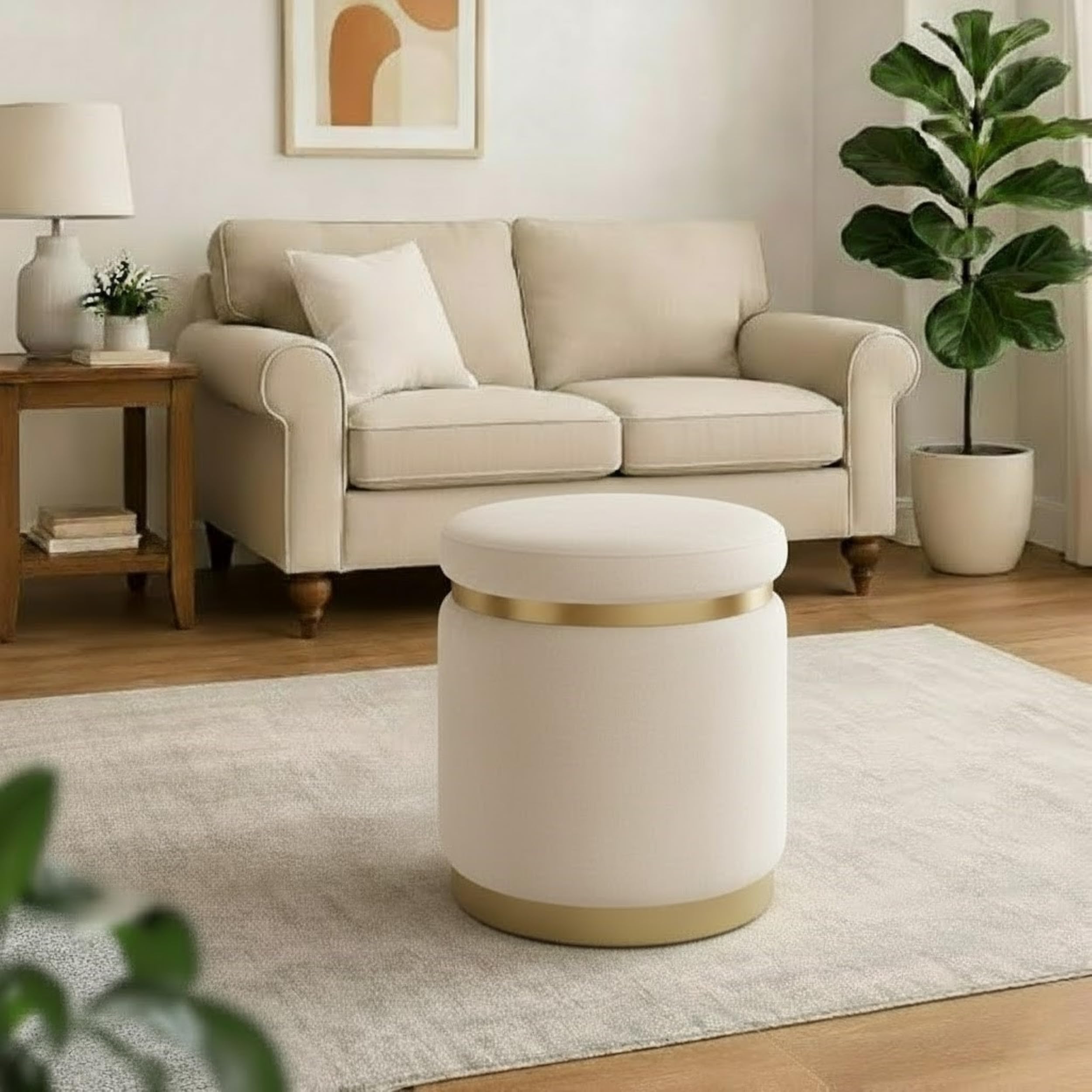 Round Shape Pouf Ottoman with Padded Seat for Living Room Upholstered Velvet Round Dual Strip Ottoman Office Stool Foot Rest Stool Linen Fabric Cream-image-27