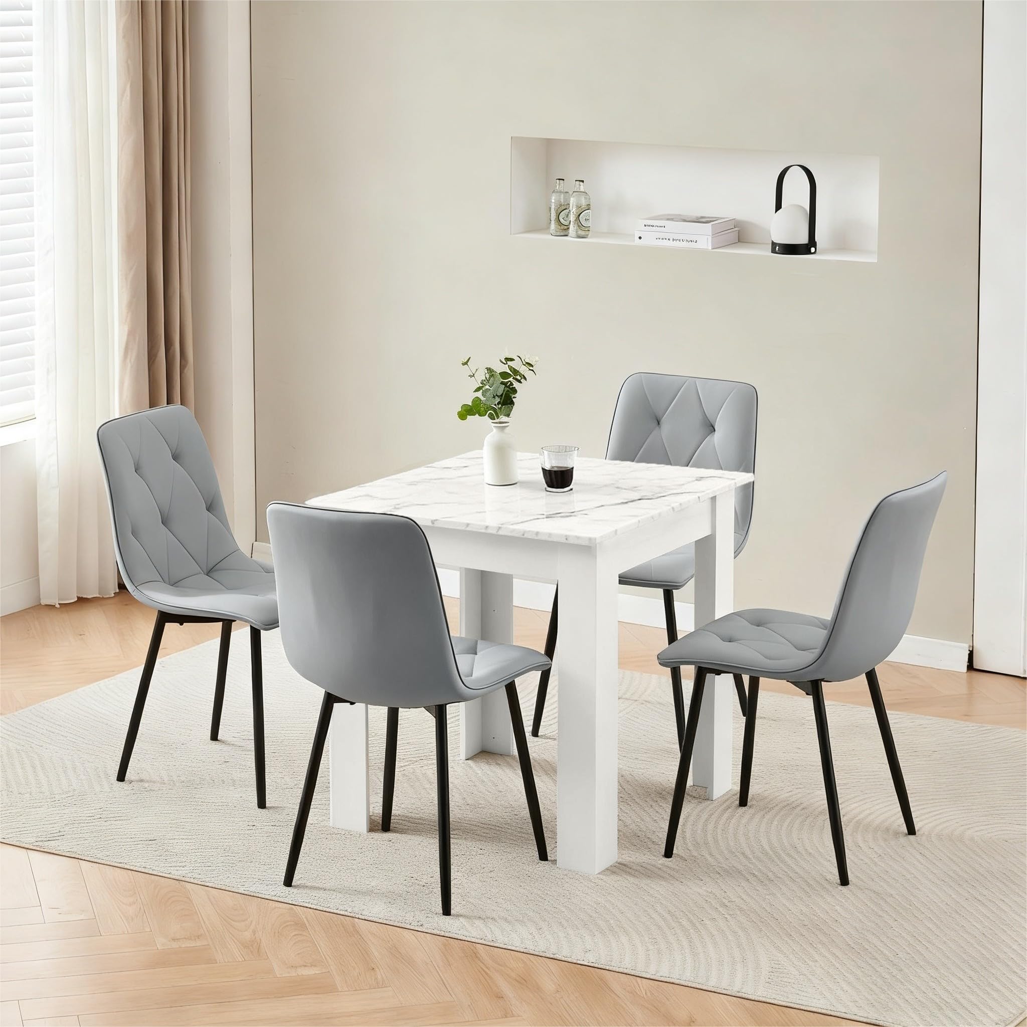 75x75 cm Small Dining Table and 4 Chairs, 4 Seater Table and Chairs Set Kitchen Dining Room Set for 4, Compact, Space Saving, Wooden, Glossing Tabletop Marble-White (4 Seats, Velvet Diamond Gray)