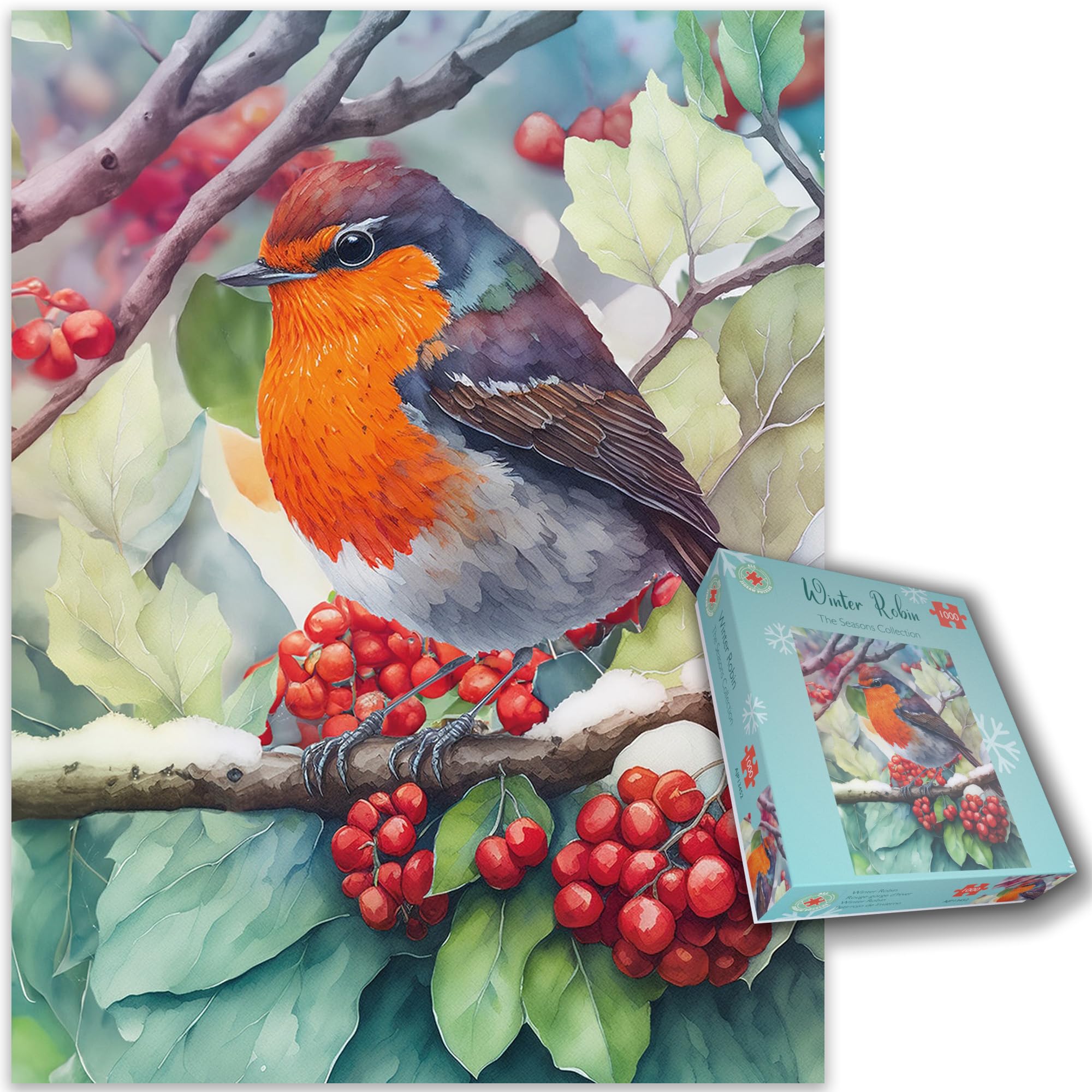 Bob the Robin Winter Jigsaw Puzzle – Charming 1000-Piece Seasonal Puzzle Featuring a British Songbird with Vibrant Red Berries for Nature Lovers and Puzzle Enthusiasts Size 66 x 50 cm