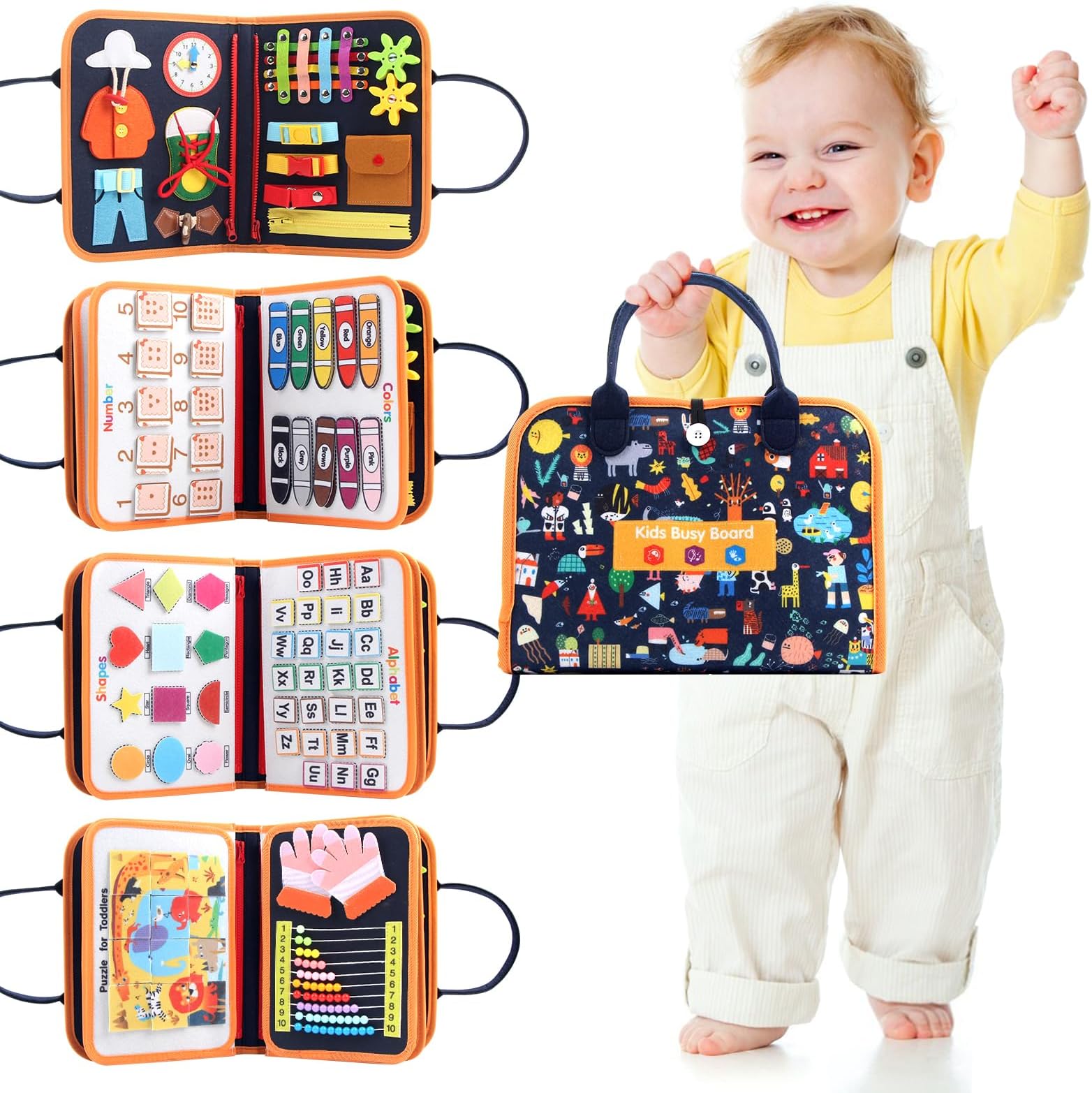 Joyfia Busy Board Montessori Toys for Toddlers 1-3, 20-IN-1 Activity Sensory Toys Develop Fine Motor Skills, 8 Pages Preschool Learning Toys, Educational Travel Toys for 3 Year Old Boys & Girls Gifts