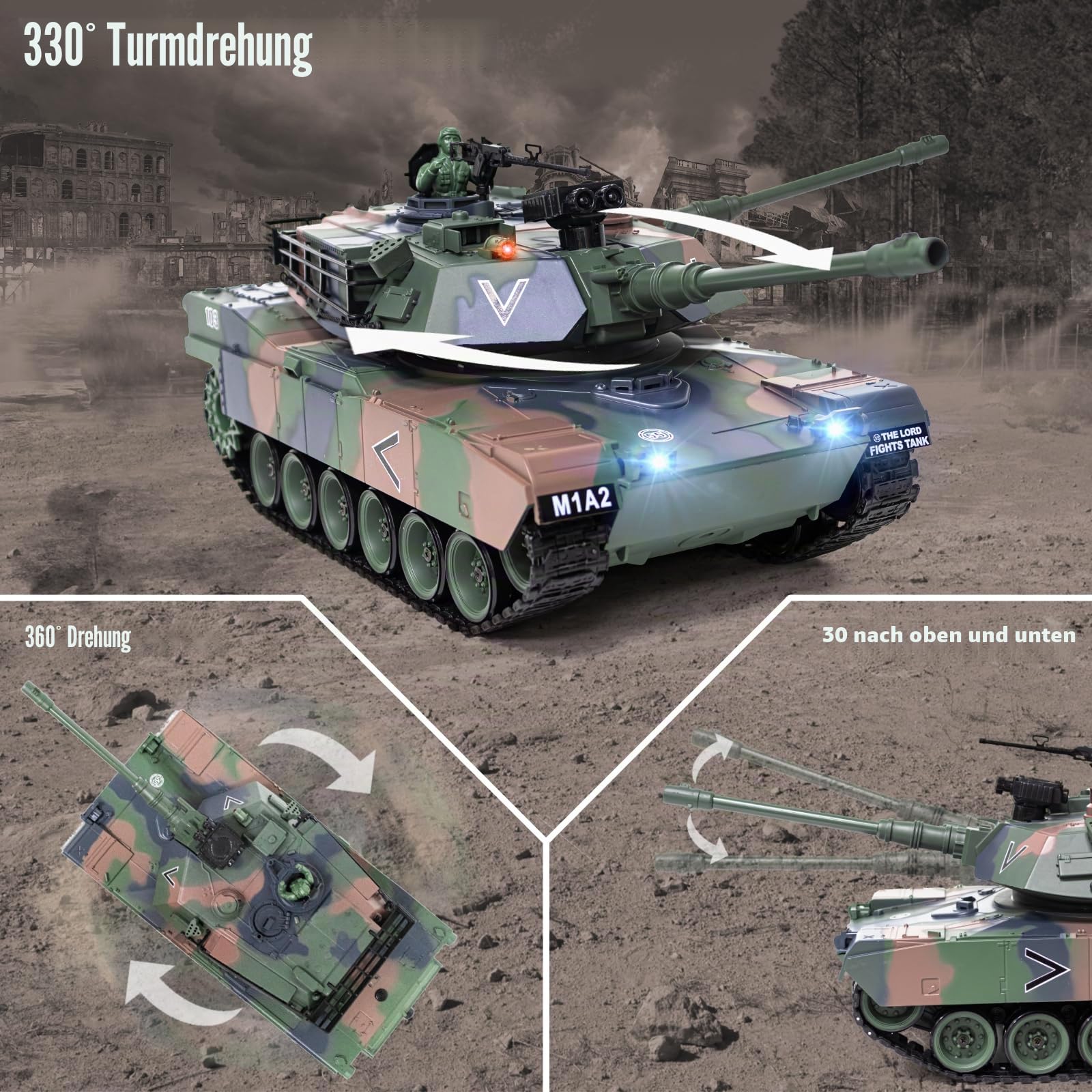 Supdex RC Panzer 1/18 USA M1A2 Abrams Armeegrün, 2.4GHz Panzer Ferngesteuert mit Schussfunktion, WW2 Panzer Modell, Kampfpanzer mit Rauch, Spielzeug mit Licht und Sound für Erwachsene und Kinder