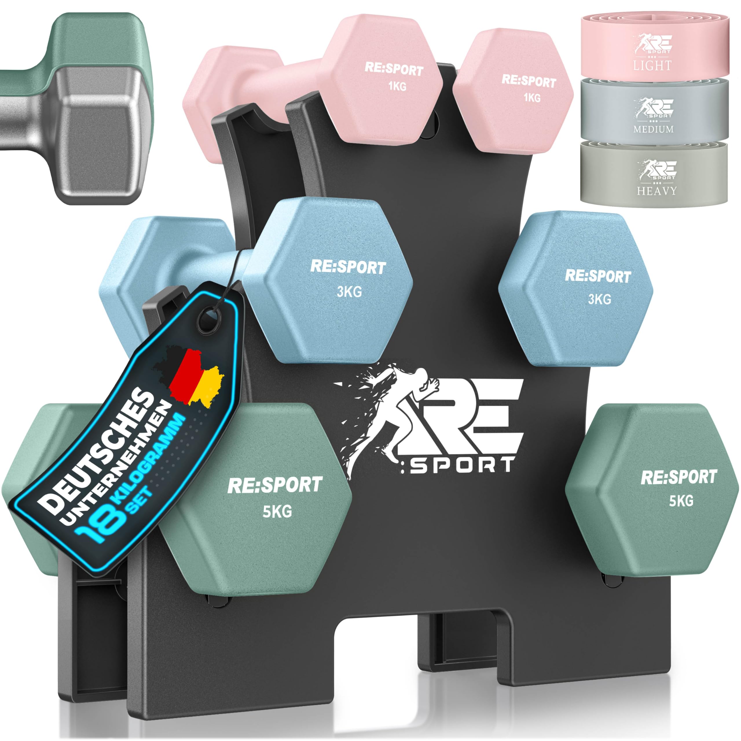 RE:SPORT® Hantel-Set 3 Paar, 1kg - 5kg, 12kg oder 18kg mit Ständer & 3x Fitnessbänder | Rutschfeste Neopren Kurzhanteln für Damen & Herren | Hanteln Hantelset