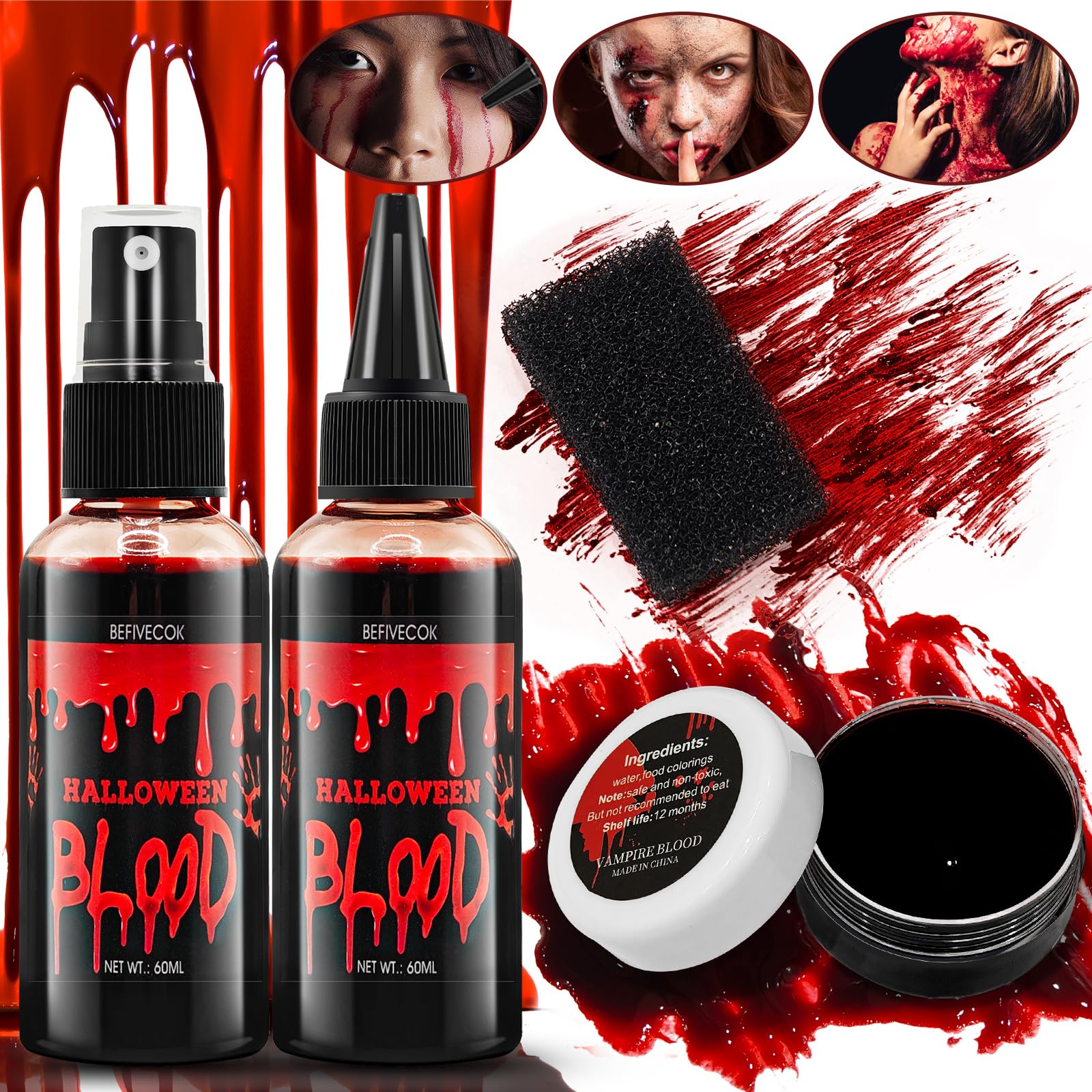4PCS Halloween Fake Blood Makeup Kit, [Coagulated Blood + Fake Blood Spray 60ML + Dripping Blood 60ML + Black Stipple Sponge], Fake Blood Washable for Clothes Face SFX Wound, Vampire
