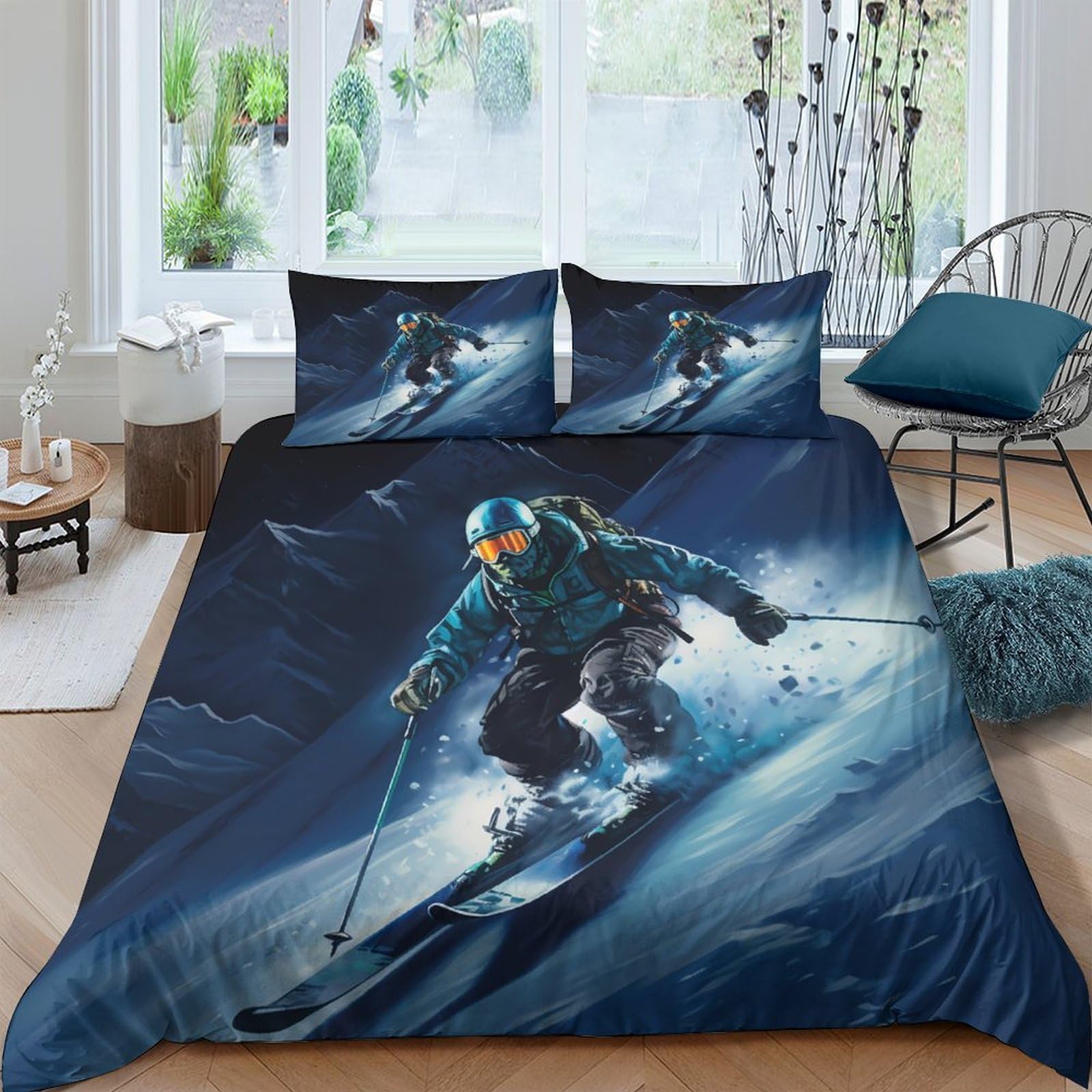 Ctjqhvkz Style-2 3D Printed Skiing Night Fitted Sheet Microfiber Soft Breathable Snow Mountain Bed Cover For Bedroom Dorm Use, Easy To Clean Single（135X200cm）