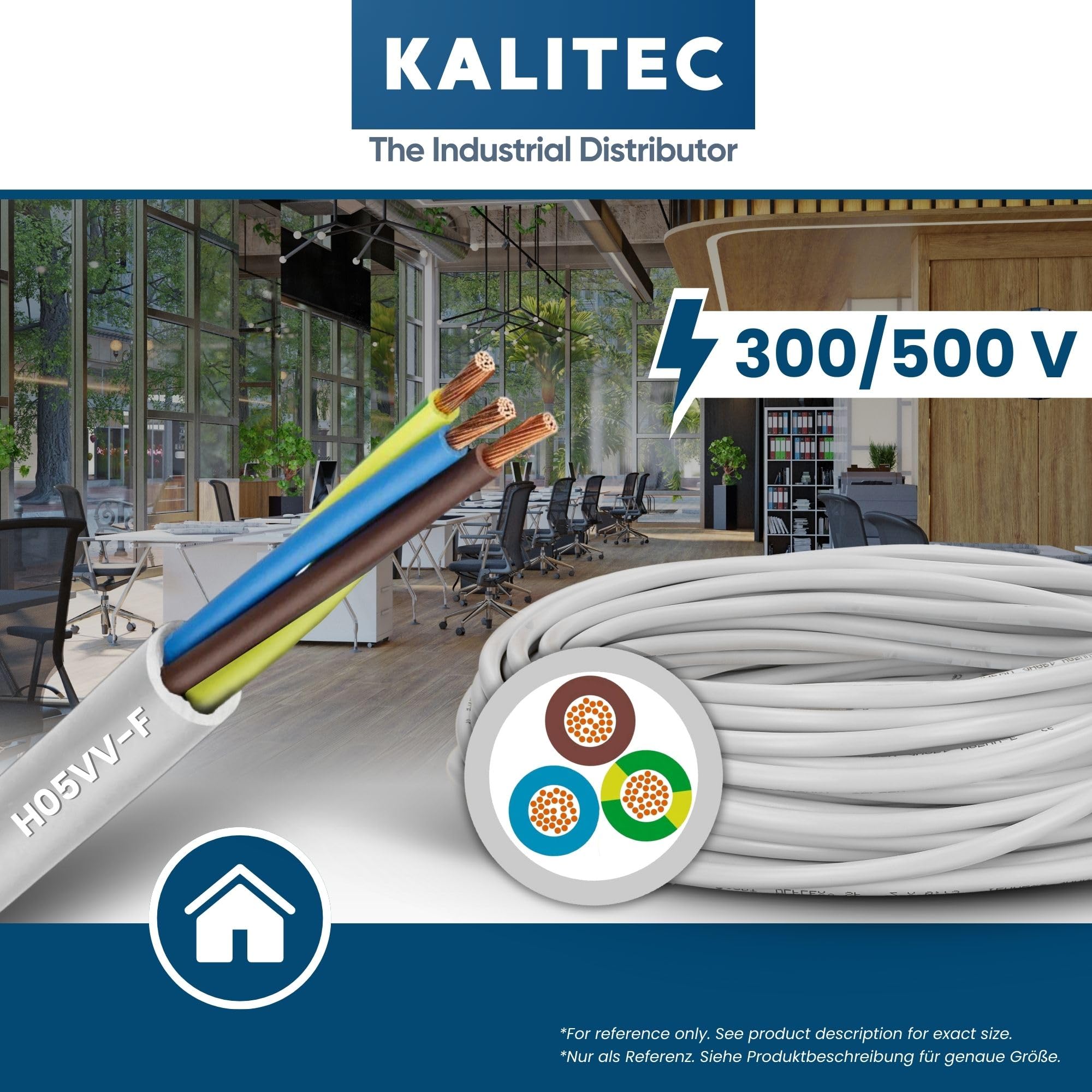 Kalitec H05VV-F Cable de Manguera 10m 3G2,5mm² Alimentación Blanco | Cable eléctrico de PVC flexible para interiores, iluminación y hogar. Conductor de protección 3x2,5mm² y certificado HAR