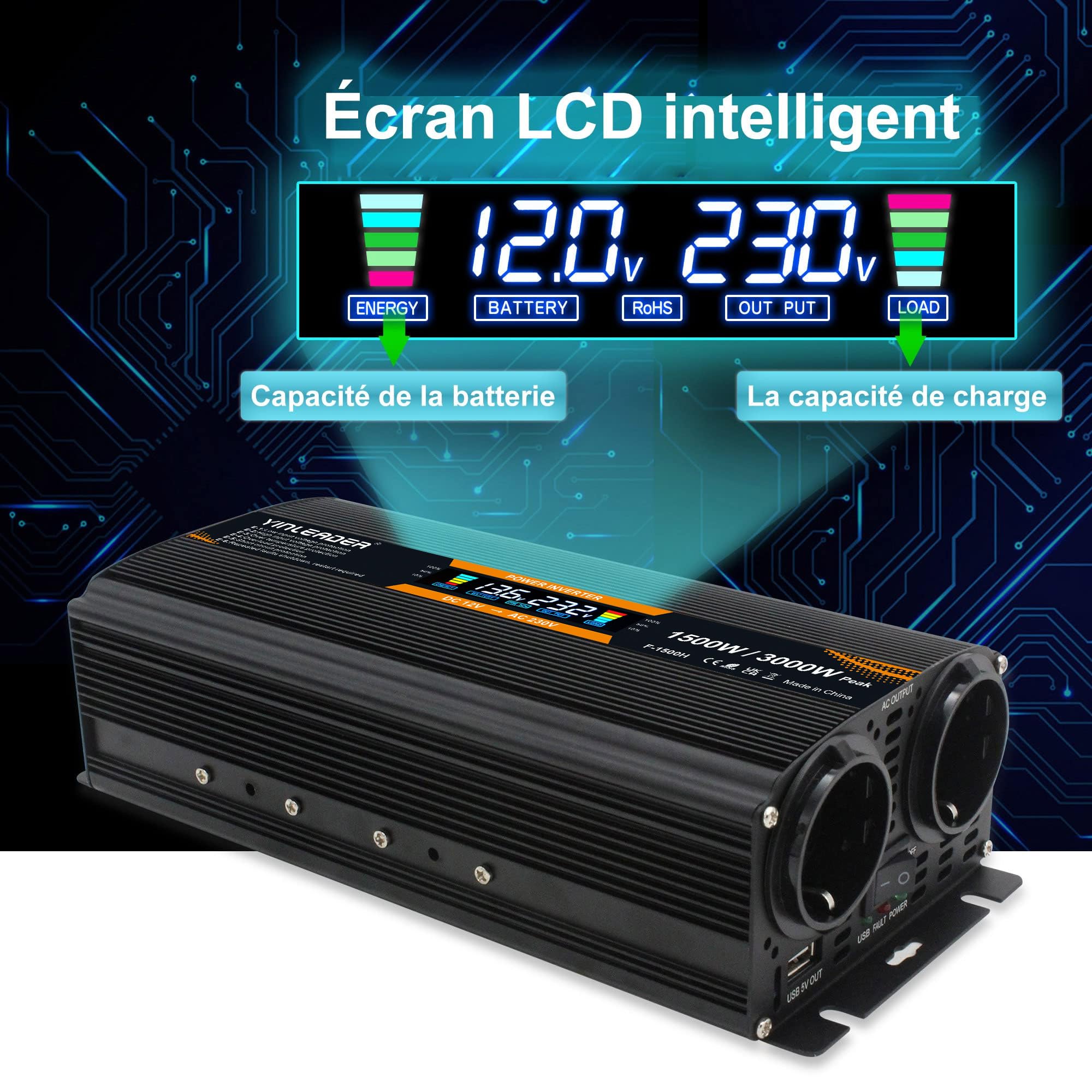 Yinleader convertisseur de Tension 12v 220v 1500W /3000W convertisseur Voiture à Onde modifiée avec écran Transformateur Dual Prise UE, USB