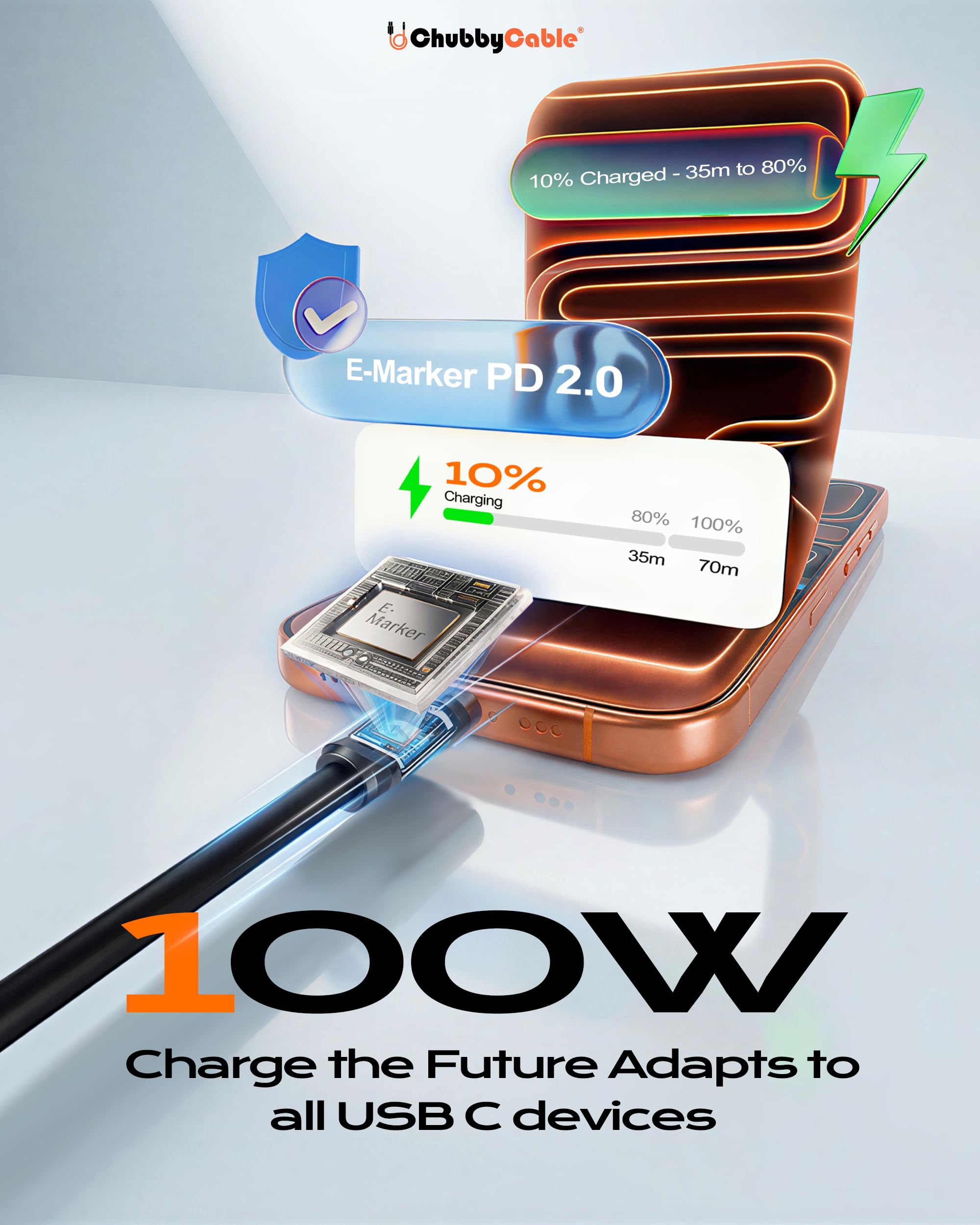 chubbycable Solo-Flex - Cavo USB-C 2 in 1, 100 W, ricarica rapida, 5 W, per Apple Watch, caricabatterie da 1,2 m, in silicone, compatibile con iWatch, AirPods, iPhone, iPad, MacBook, colore: nero