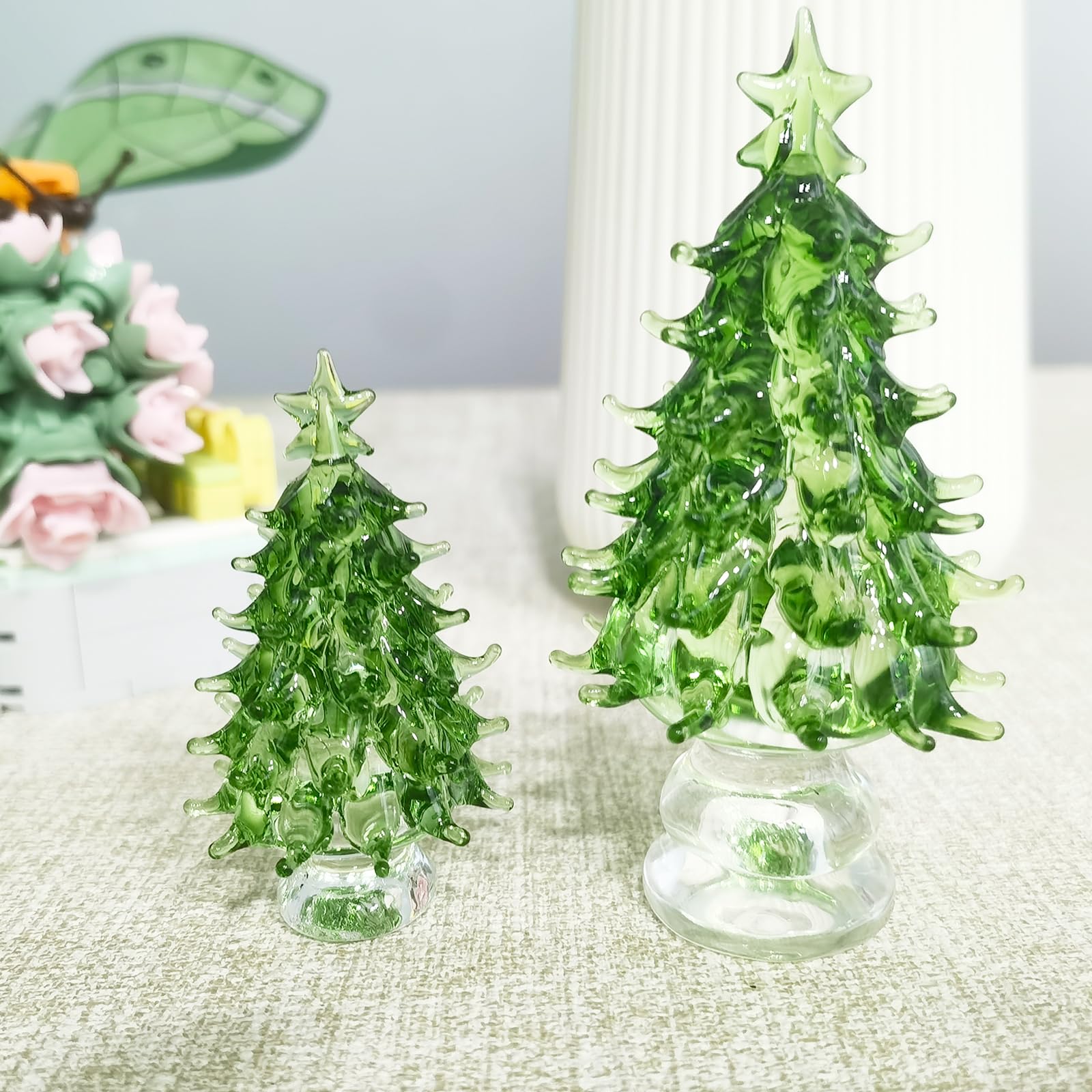 Beibeiplay 2PCS Crystal Christmas Tree Figurines With LED Light Wire, Small Glass Statues Home Decor for Bedroom (Green+Green)