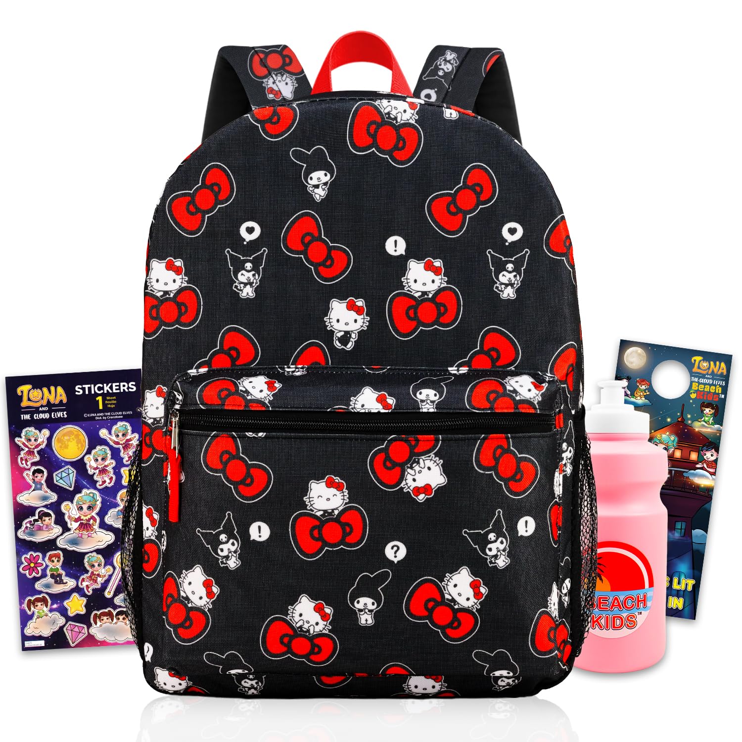 Hello Kitty Mochila para niñas – Paquete con mochila escolar Hello Kitty de 16 pulgadas con bolsillo frontal más botella de agua, calcomanías, más | Mochila Hello Kitty para la escuela