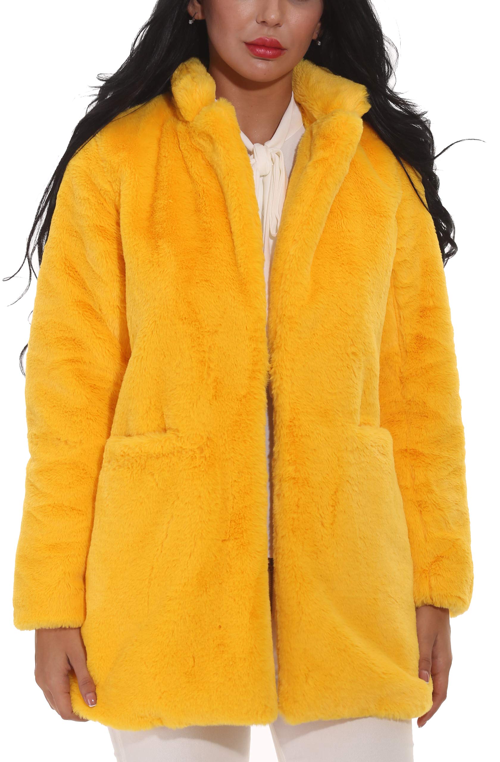 Women Faux Fur Coat Jackets Outerwear Long Sleeve with Pockets Winter Soft Thick
