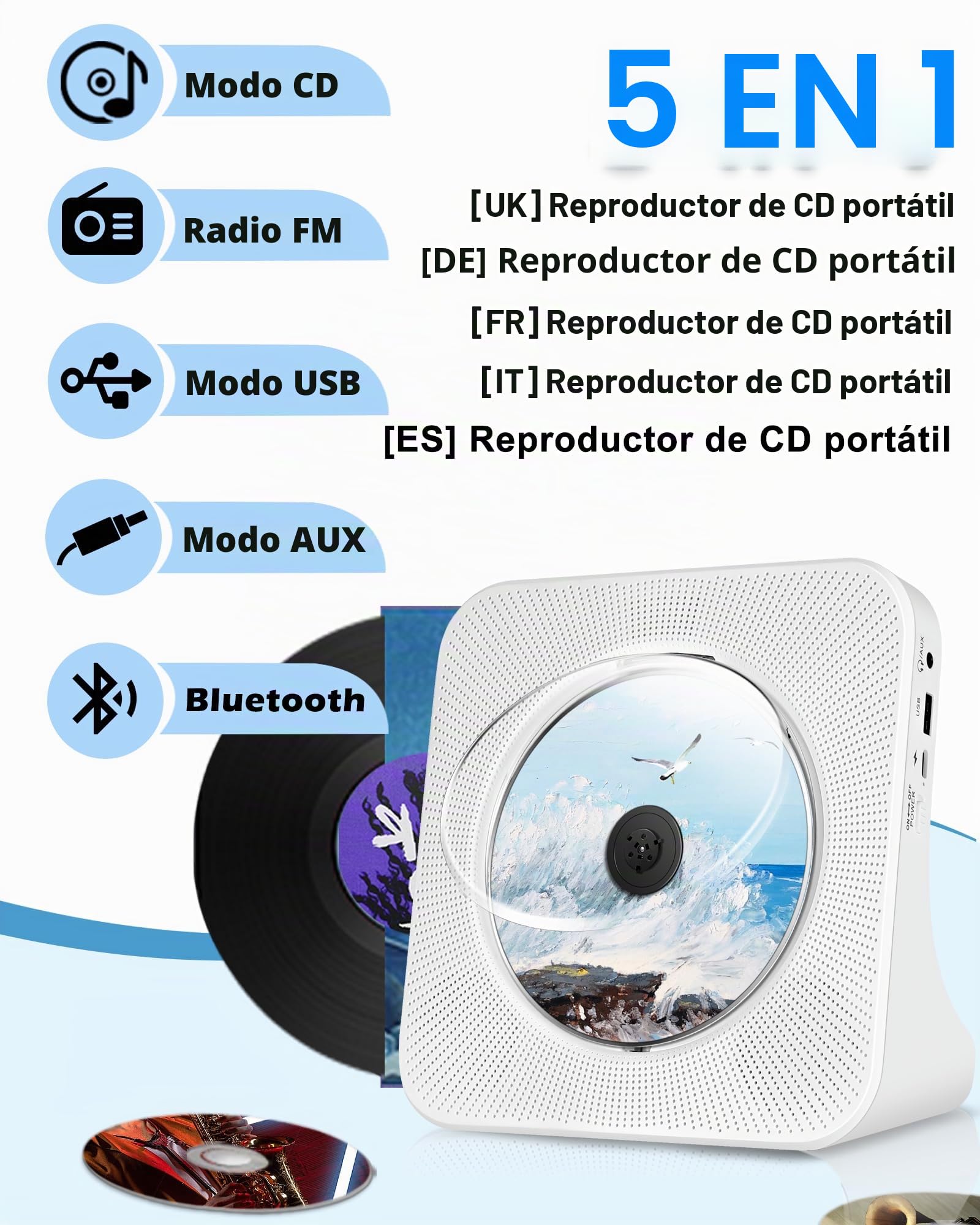 Bluetooth Reproductor de CD Recargable portátil 4000mAh | Reproductor de CD estéreo con Entrada USB, AUX, radio FM, control remoto, tapa de polvo, pantalla led