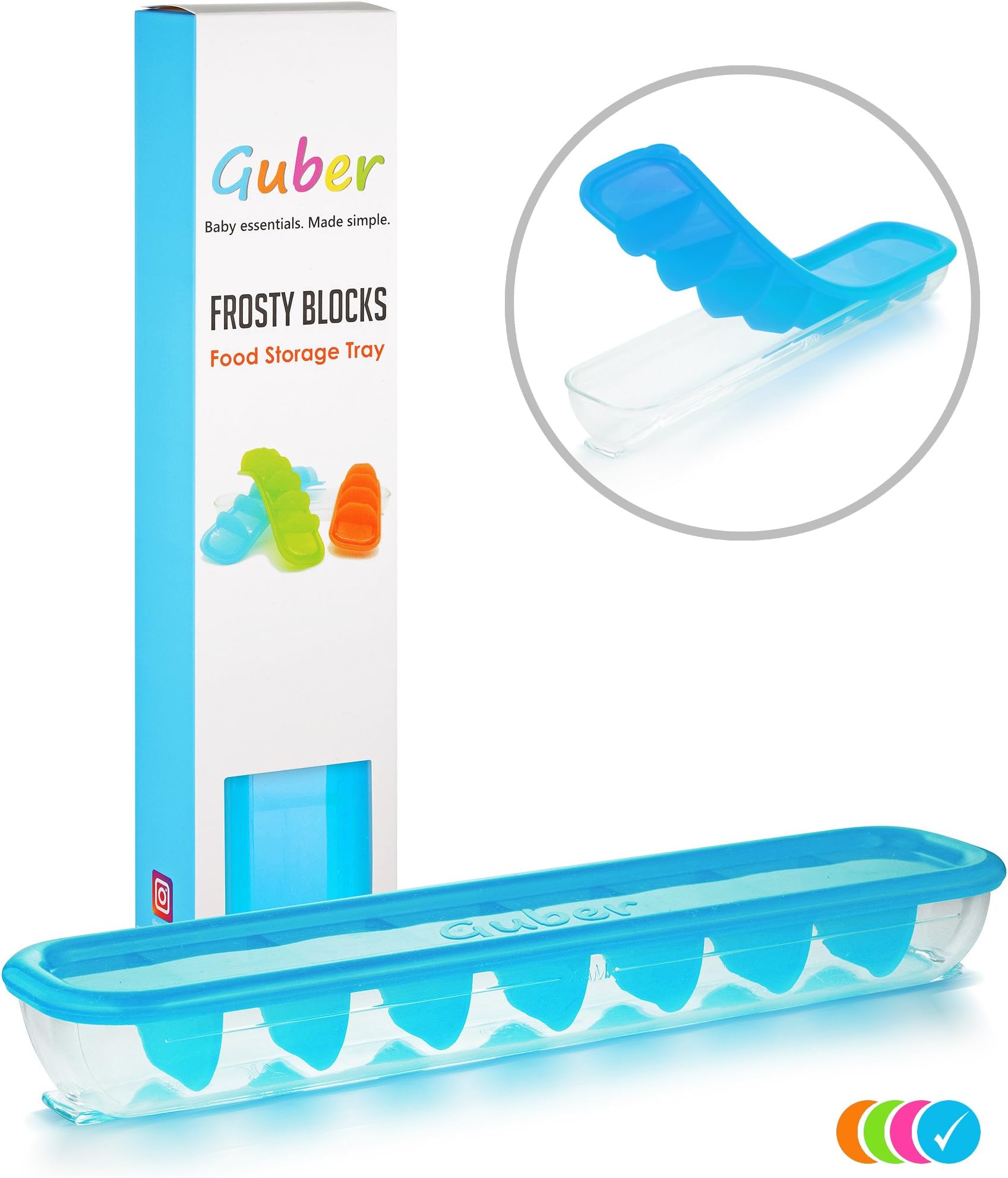 GUBER Baby Food Storage Container - 8x30ml Cubes - Multipurpose Food Freezer Tray 'Frosty Blocks' - BPA Free & CPC Certified - Freeze & Store Baby Food, Breastmilk, Puree, Soups, Sauces, Broths - Blue