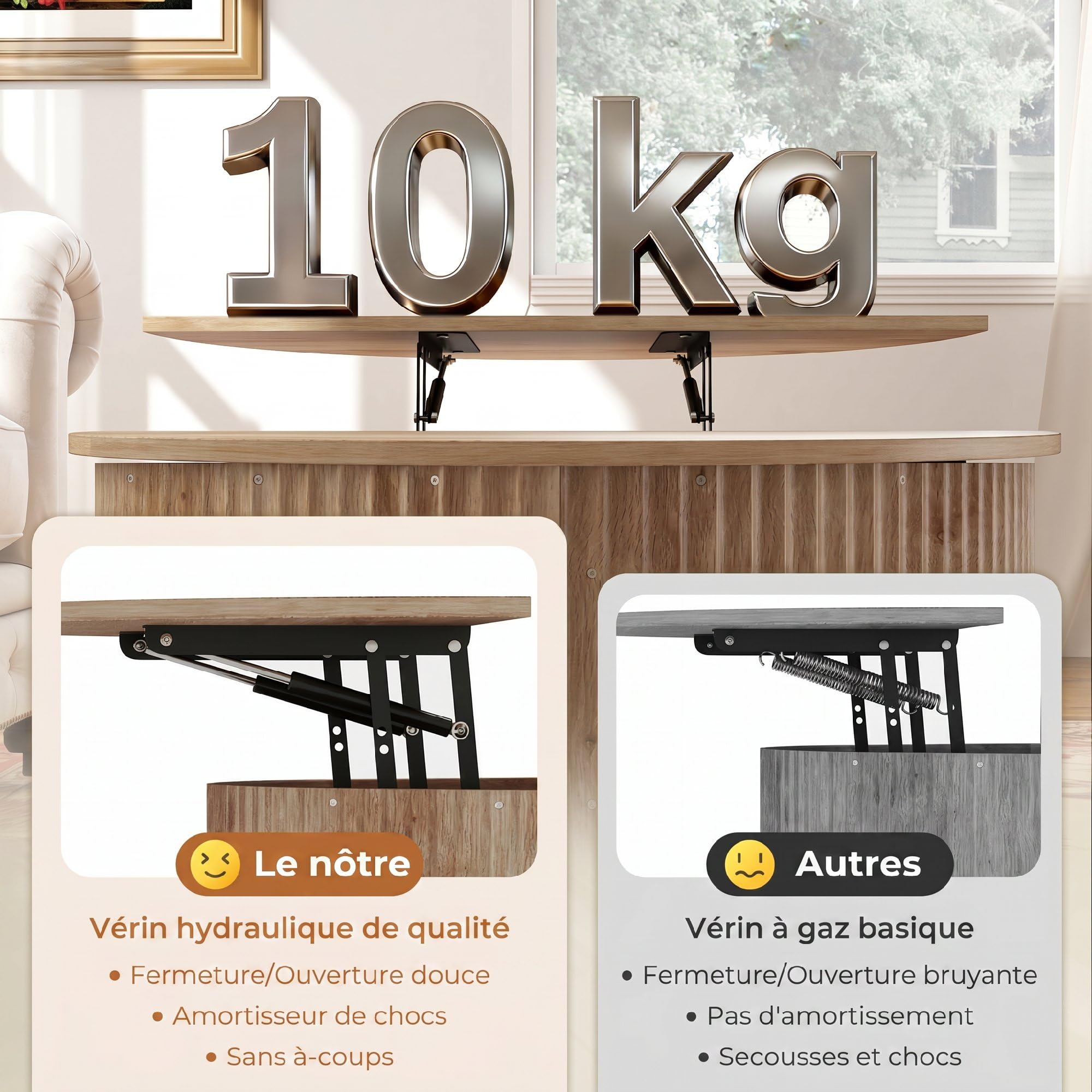 HOMCOM Mesa Centro elevable 32" Acanalada Comp. Ocultos Madera Natural | Mesa de centro redonda moderna, tapa abatible con cierre suave, para sala de estar