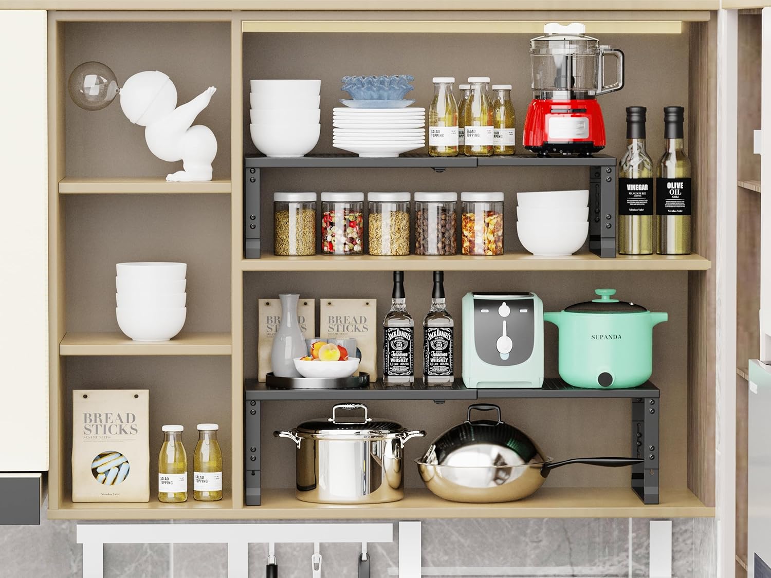 Adjustable Expanable Stackable Spice Rack Shelf Pantry Storage Organizer for Kitchen Cabinet,Countertop,Bathroom and More.Space is no Longer Limited(3Packs/Black/Large)