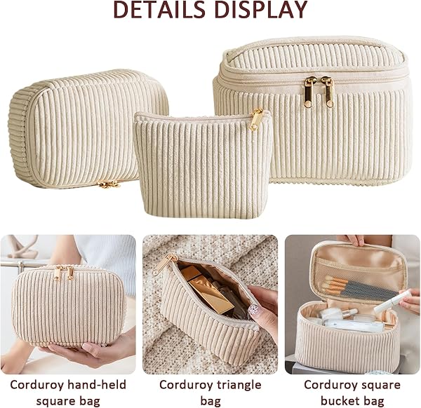JSTHHTT 3 Pieces Women's Travel Toiletry Bag, Corduroy Toiletry Bag, Large Capacity for Makeup Beauty Case, Toiletry Bag for Toiletries, Cosmetics, Accessories and Travel Essentials - 3