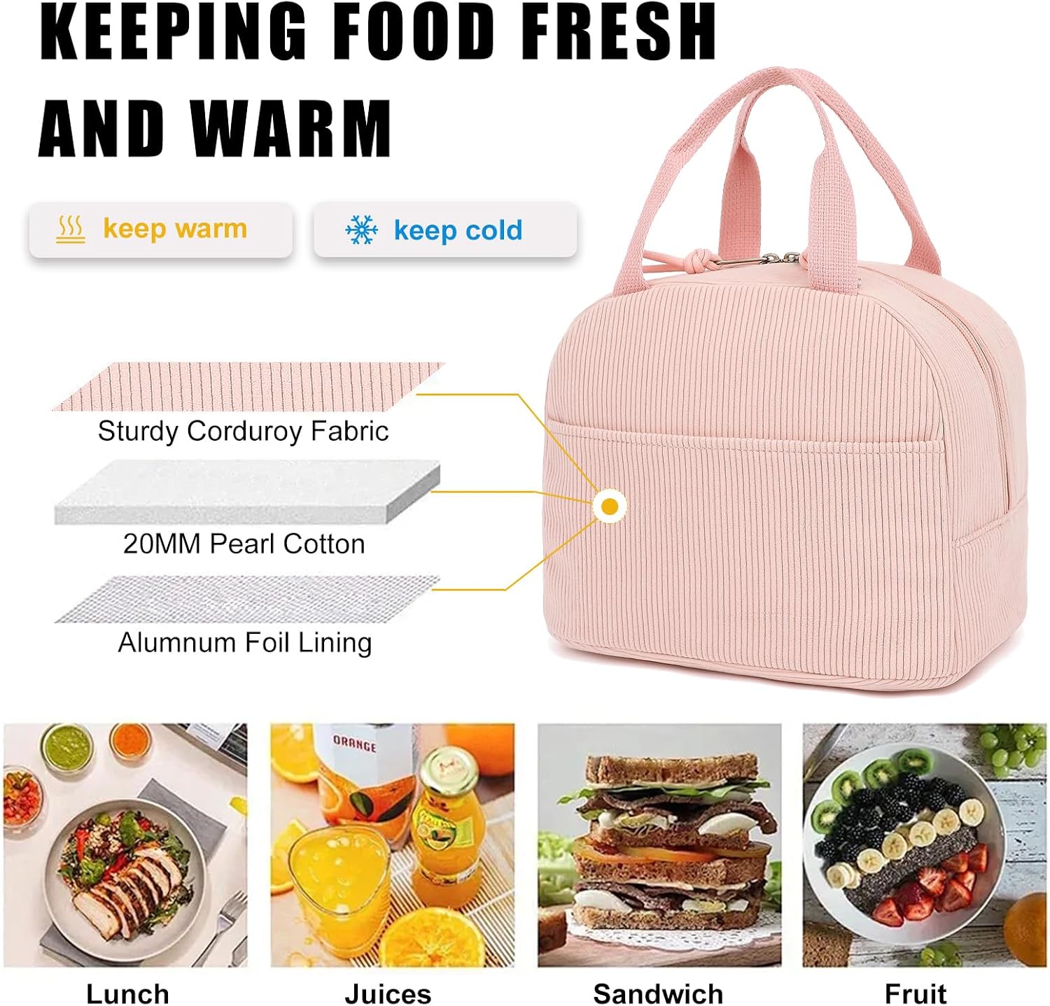 Corduroy Lunch Box for Women Girls, Cooler Lunch Bags Reusable Insulated Lunchbox for Picnic School Work Travel (Pink) image 3