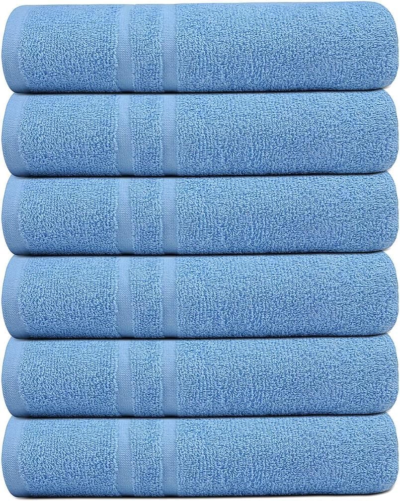 Premium Bath Towel Set, 24 x 48 Pack of 6 100% Cotton Terry Towels for Bathroom, Quick Dry, Highly Absorbent, Soft Feel, for Shower, Pool, Spa, Gym, Hand Towel for Daily Use - Light Blue