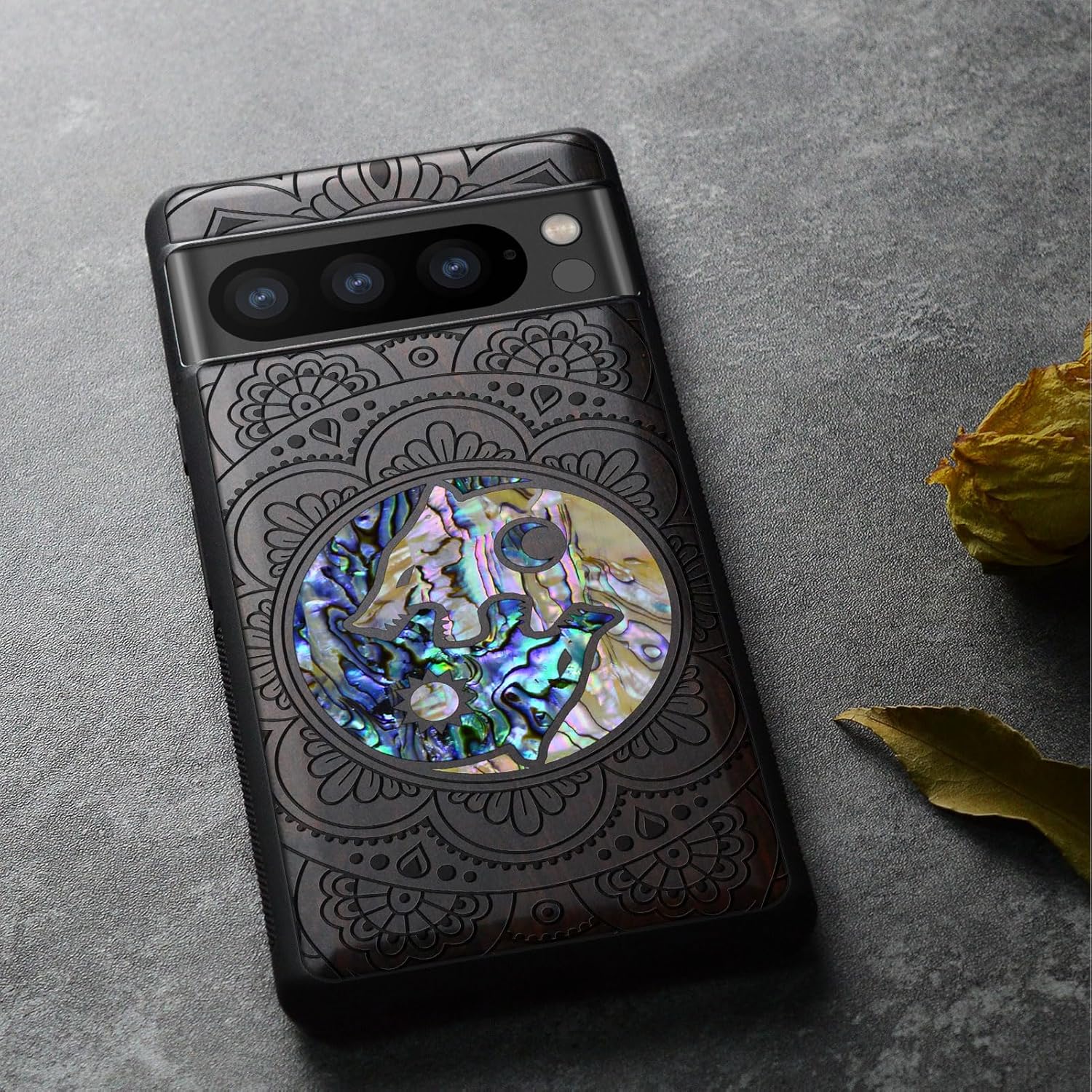 Carveit Designer Wooden Case for Google Pixel 8 Pro Case Cover [Wood Engraving & Shell Inlay] Compatible with Wireless Chargers Pixel 8 Pro (Shell Yin Yang Wolf-Blackwood)