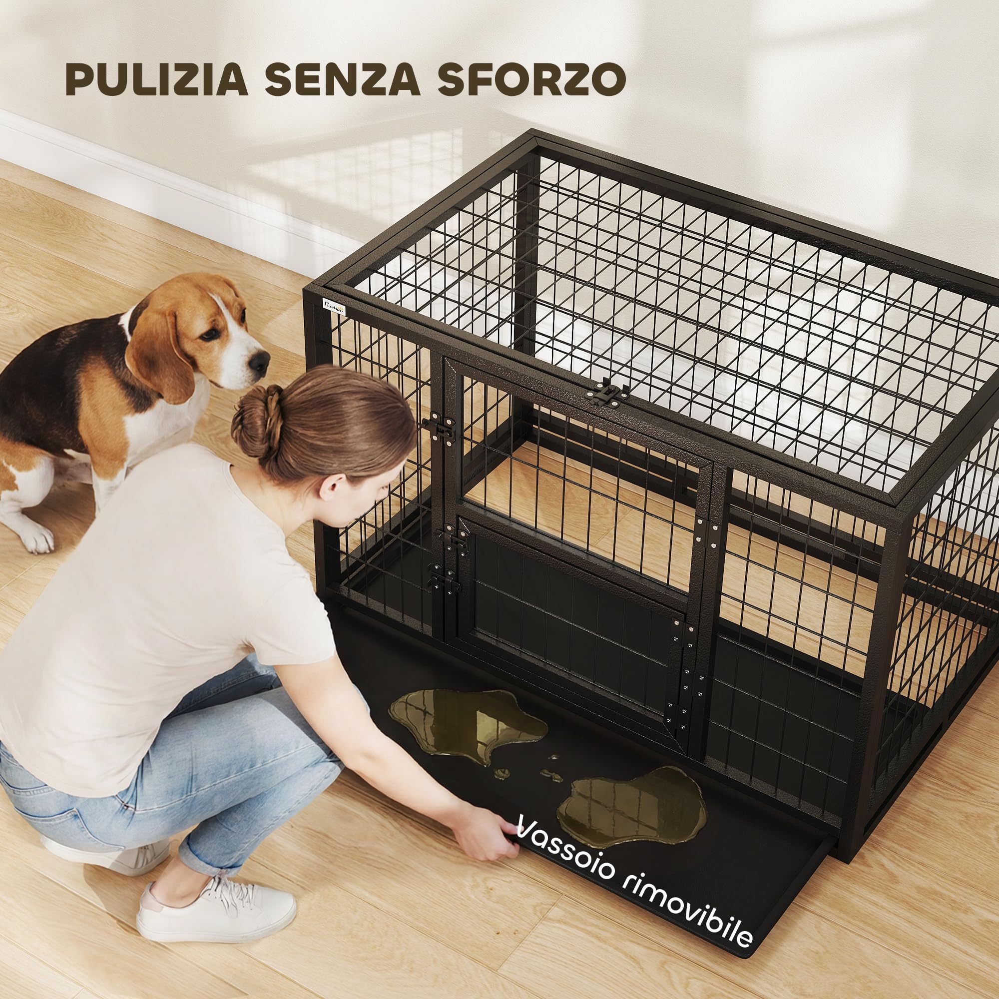 PawHut Kennel Gabbia Robusta per Cani da Esterno Grande 94x60x64 cm Nero | Gabbia Box per Cani Taglia Medio e Piccola, Robusta, Vassoio Rimovibile, Chiusura Sicura, Interno ed Esterno