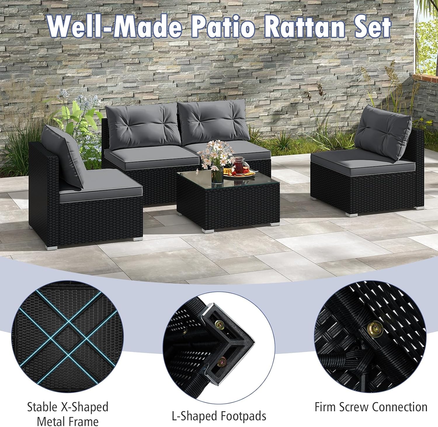 RELAX4LIFE 5-Piece Outdoor Patio Furniture Set, Rattan Sectional Sofa Set w/Glass-Top Coffee Table, Soft Seat & Back Cushions, Bistro Set for Garden Backyard Porch, Wicker Conversation Set (Grey)