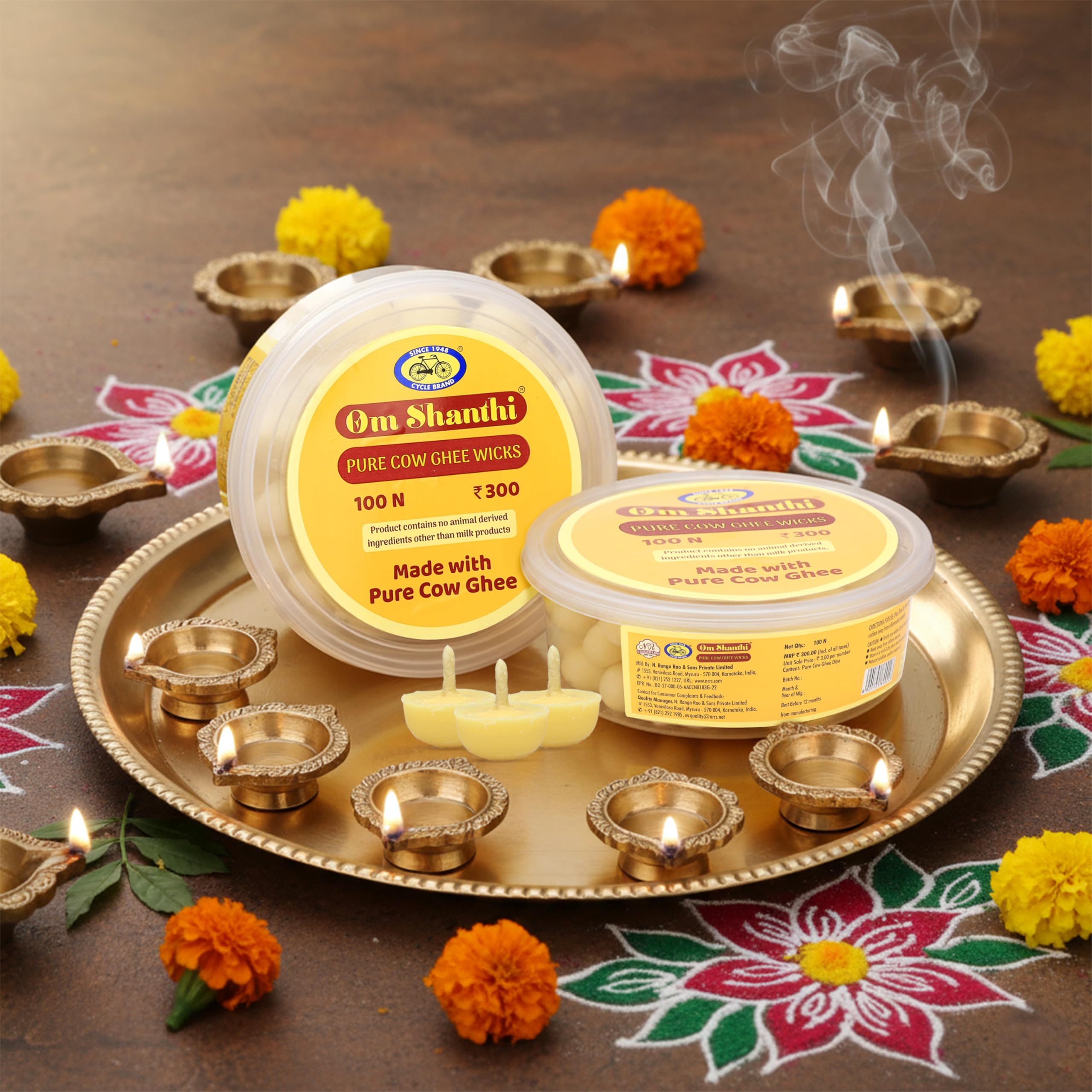 Cycle Pure Om Shanthi Pure Cow Ghee Wicks – Ready-to-Light Diya Battis | Wax-Free, Long-Lasting, Easy to Use | for Daily Puja, Aarti & Festivals | Pack of 2 (100 Wicks Per Pack)