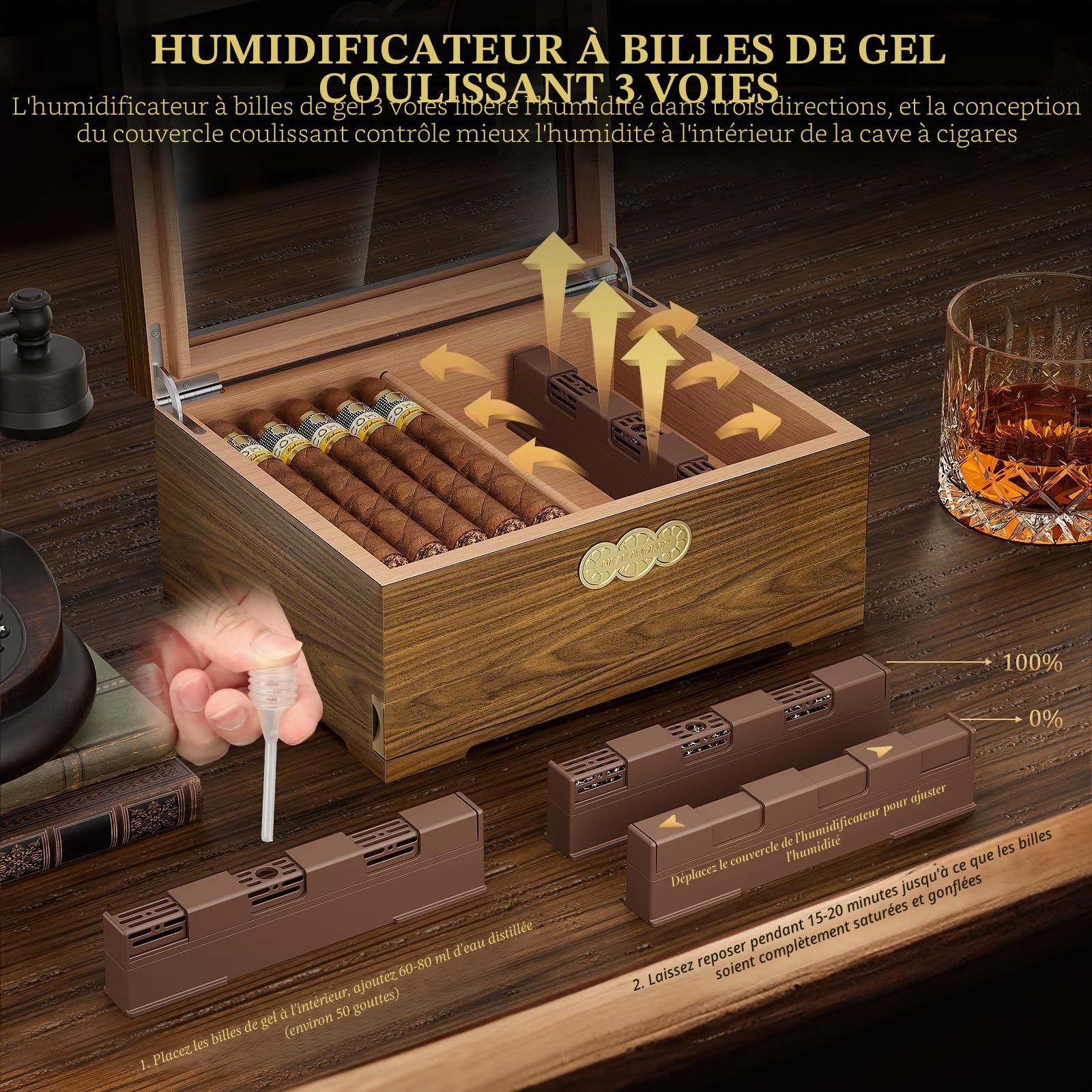 LIHTUN Cave à cigare, étui à cigares de bureau avec hygromètre numérique, humidificateur, tiroir d'accessoires de cigare, tiroir et échelle de mesure, boîte à cigares pour homme (Ch-2)