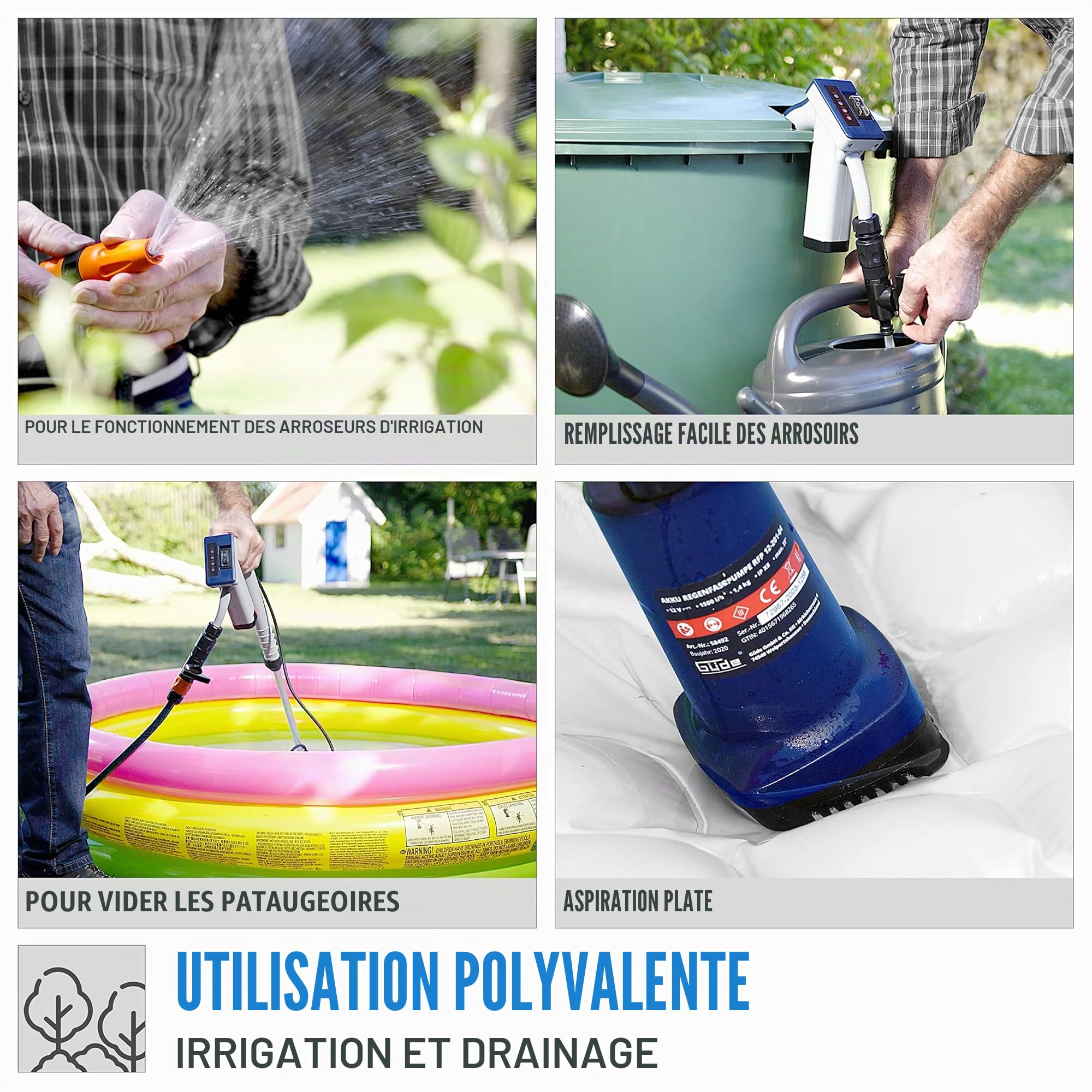 Güde Pompe pour fûts de pluie à batterie RFP 12-201-04 (12 V, 1500 l/h, hauteur de refoulement 11 m, granulométrie max 0,5 mm, robinet d'arrêt, réglage télescopique, batterie et chargeur inclus)