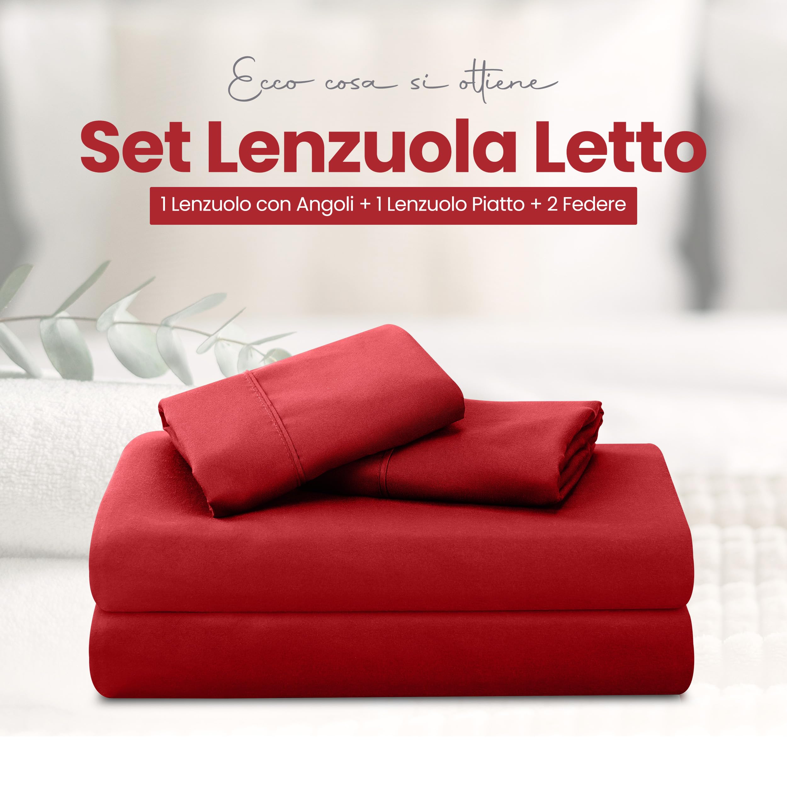 Utopia Bedding - Set Lenzuola Letto Matrimoniali 4 Pezzi 180x200 cm - Spazzolata Poliestre di Microfibra - Oeko-Tex Certificato - Lenzuolo con Angoli, Lenzuolo Piatto e 2 Federe 50x75, Rosso