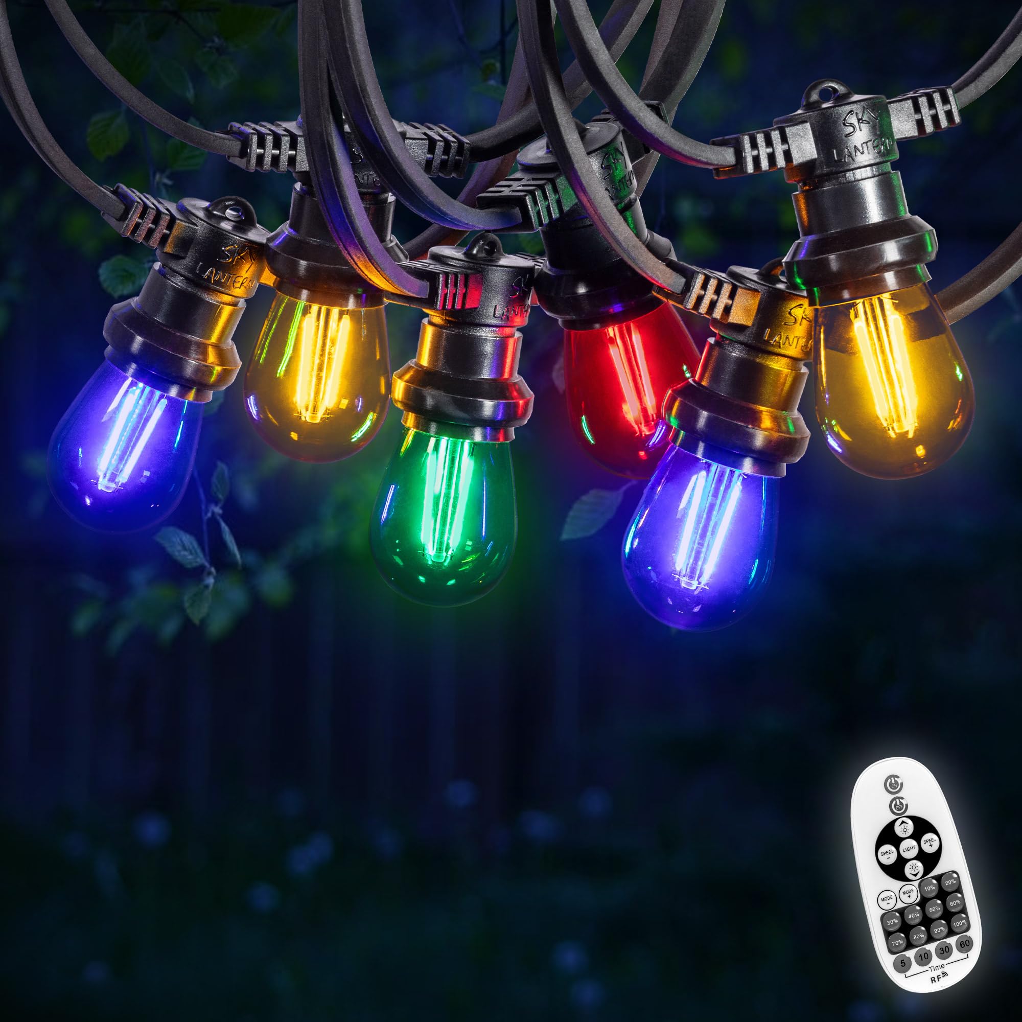 SKYLANTERN Guirlande Guinguette 10M 20 Bulbes Filament Rouge Bleu Jaune Vert avec Variateur de Luminosité et Télécommande - Guirlande Lumineuse Ampoule E27 à Intensité Variable
