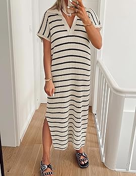 ● ZEROSTREET ● Stripe Collar One-Piece Dress ZESICA Women's Summer Striped Midi Dress 2025 Casual Short