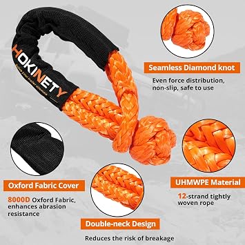 Kinetic Recovery Tow Rope: 1.26 x 30ft Snatch Strap with Soft Shackles Heavy Duty Offroad Towing Straps Kit for Trucks SUV UTV ATV Tractor Car Jeep - Black