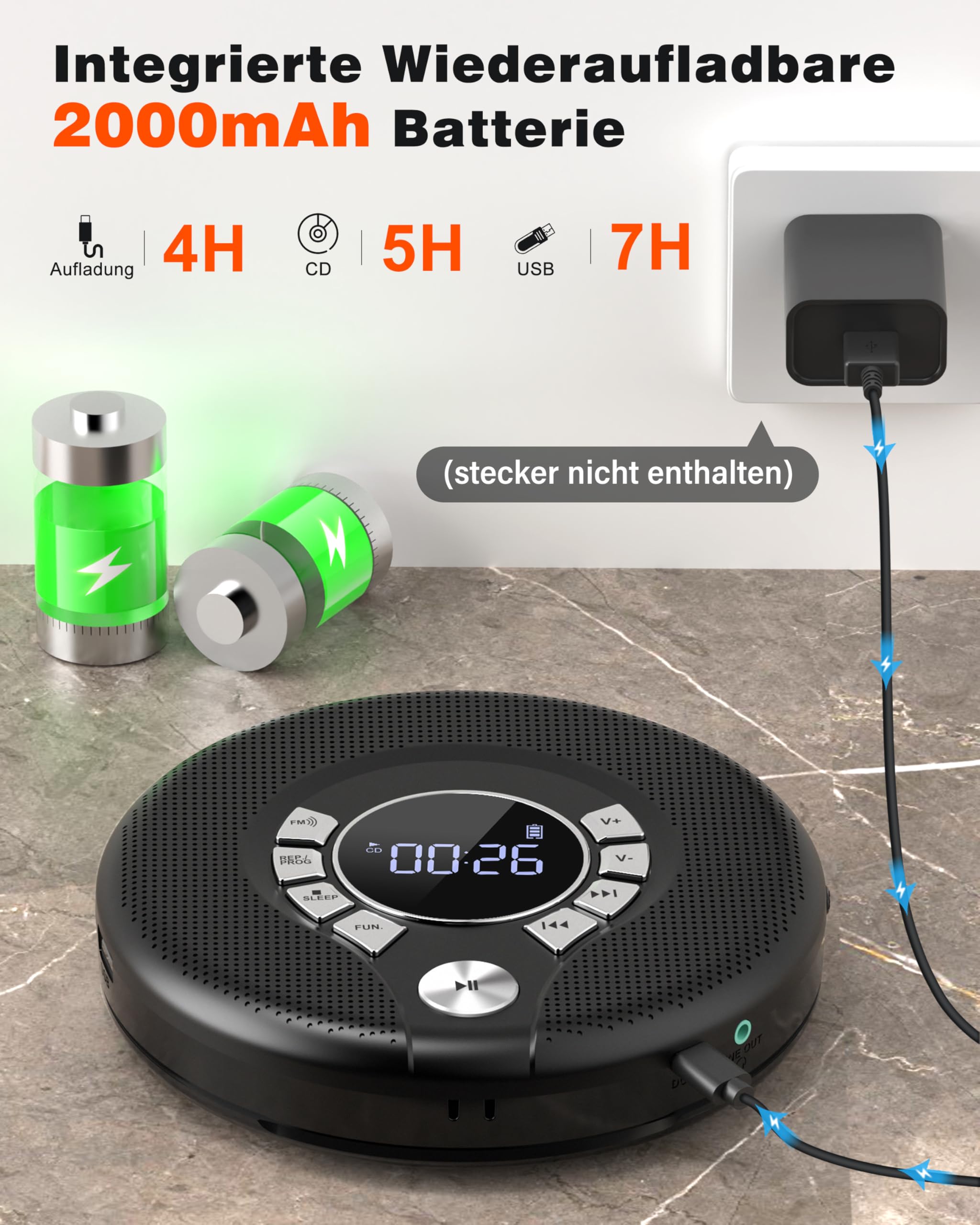 Greadio Discman - Lettore CD Bluetooth portatile con cuffie, lettore CD con anti-skip/antiurto e ricaricabile da 2000 mAh, trasmettitore FM compatibile, USB, uscita AUX, doppio altoparlante HiFi per