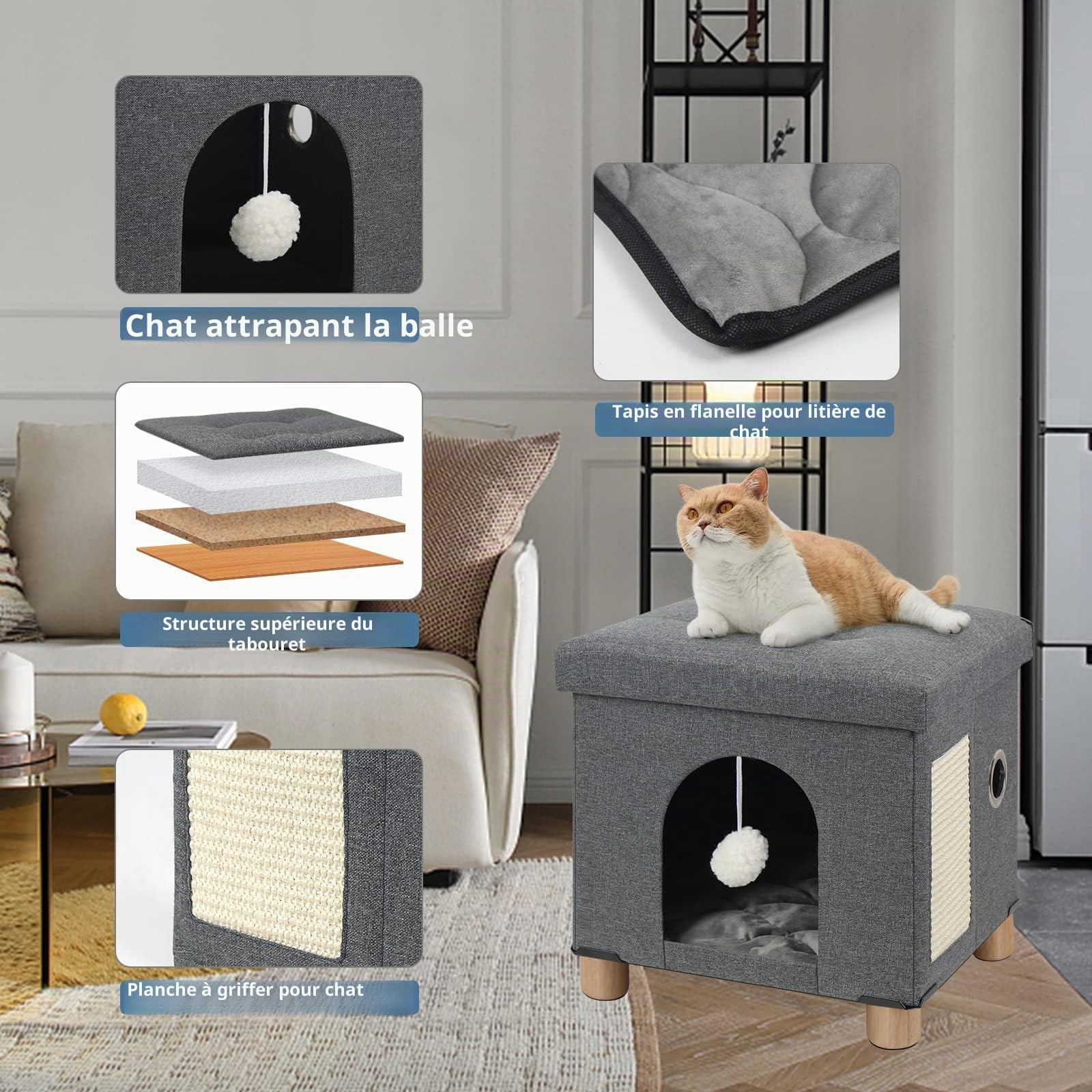 BRIAN & DANY Niche Chat, Pliable Maison pour Chat avec Planche à Grattoir et Balle pour Chats, pour Pouf Coffre de Rangement, 37,5 x 32,5 x 36 cm, Gris